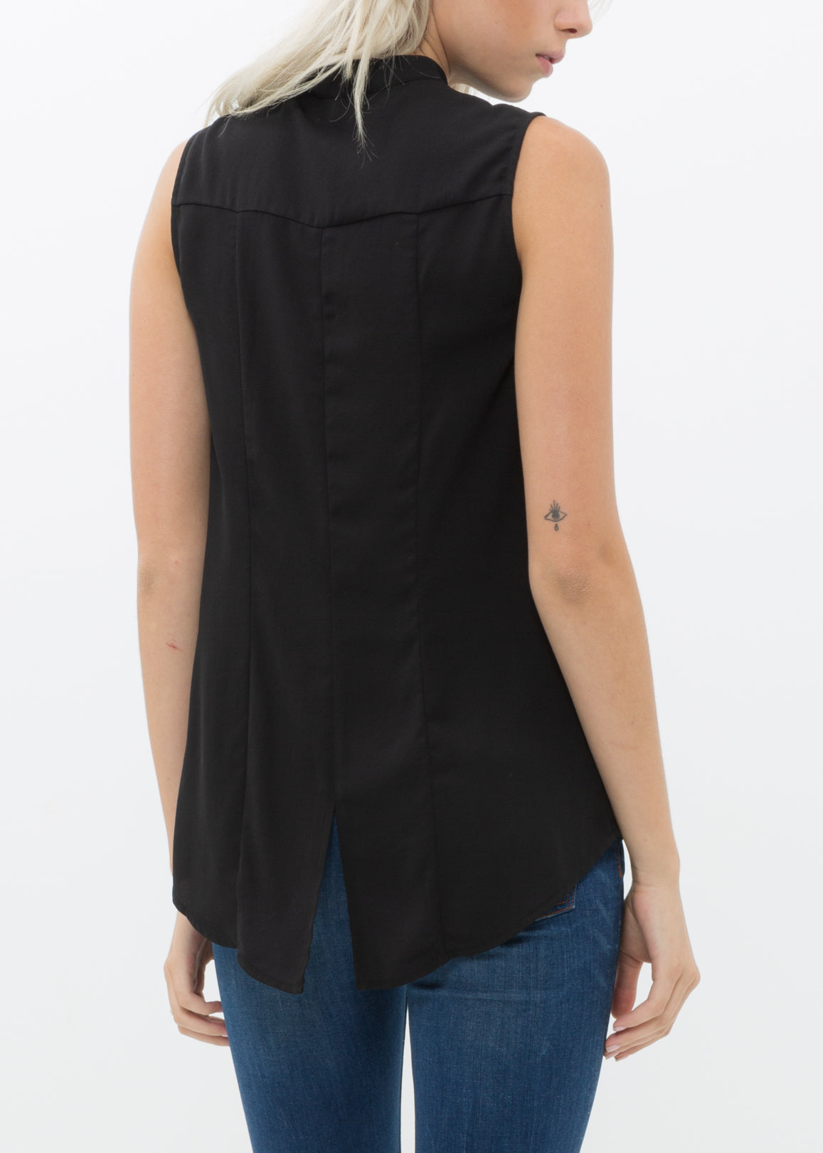 Women's stand collar sleeveless blouse with hidden-button fly closure and hi-lo slit hem, made from 100% polyester.