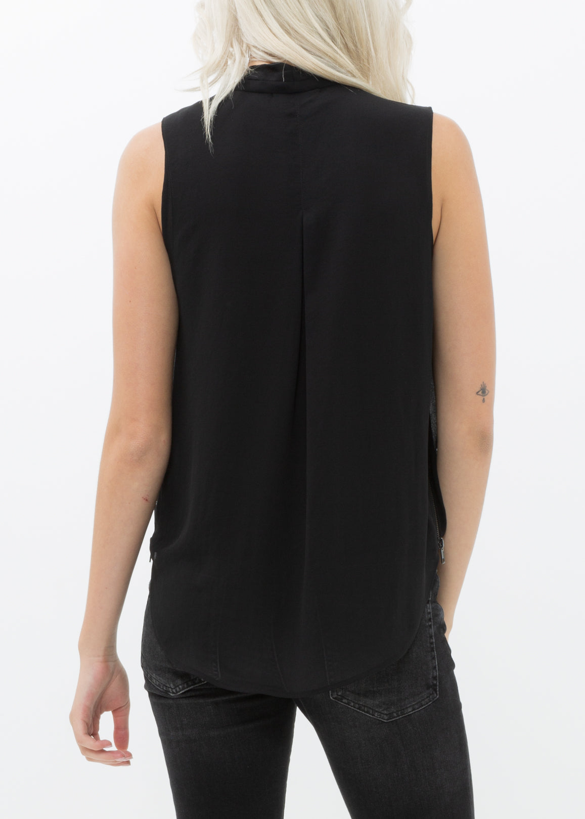 Women's black sleeveless surplice blouse with button back closure and side zip, showcasing a stylish and elegant design.