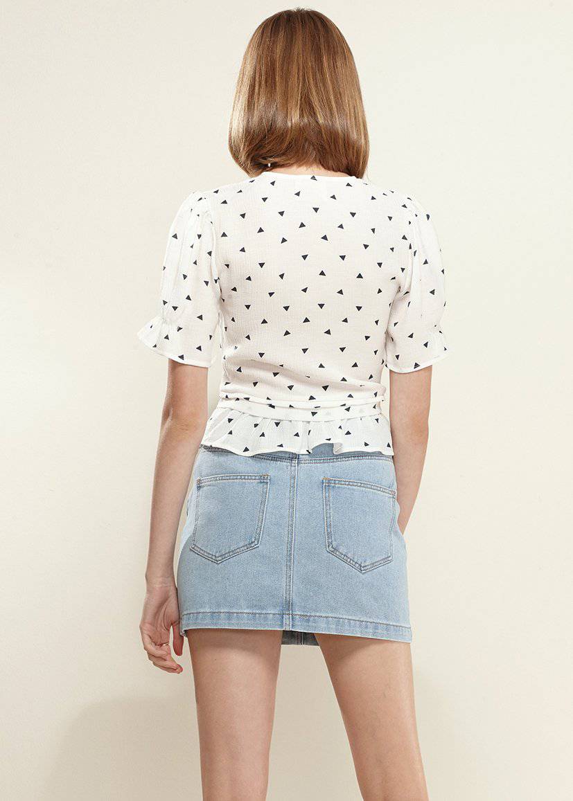 Women's Triangle Print Puff Sleeve Blouse in White with stylish triangle pattern and peplum design.