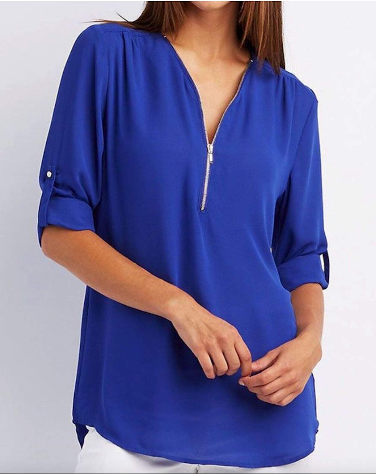 A stylish Women's V Neck Blouse in chiffon fabric, available in Gray, Pink, Blue, and Green, showcasing its elegant design and comfortable fit.