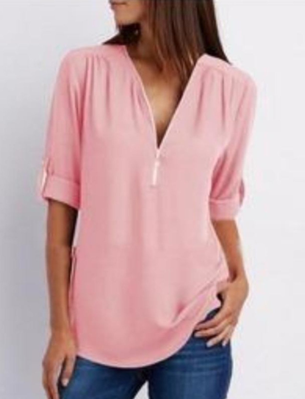 A stylish Women's V Neck Blouse in chiffon fabric, available in Gray, Pink, Blue, and Green, showcasing its elegant design and comfortable fit.