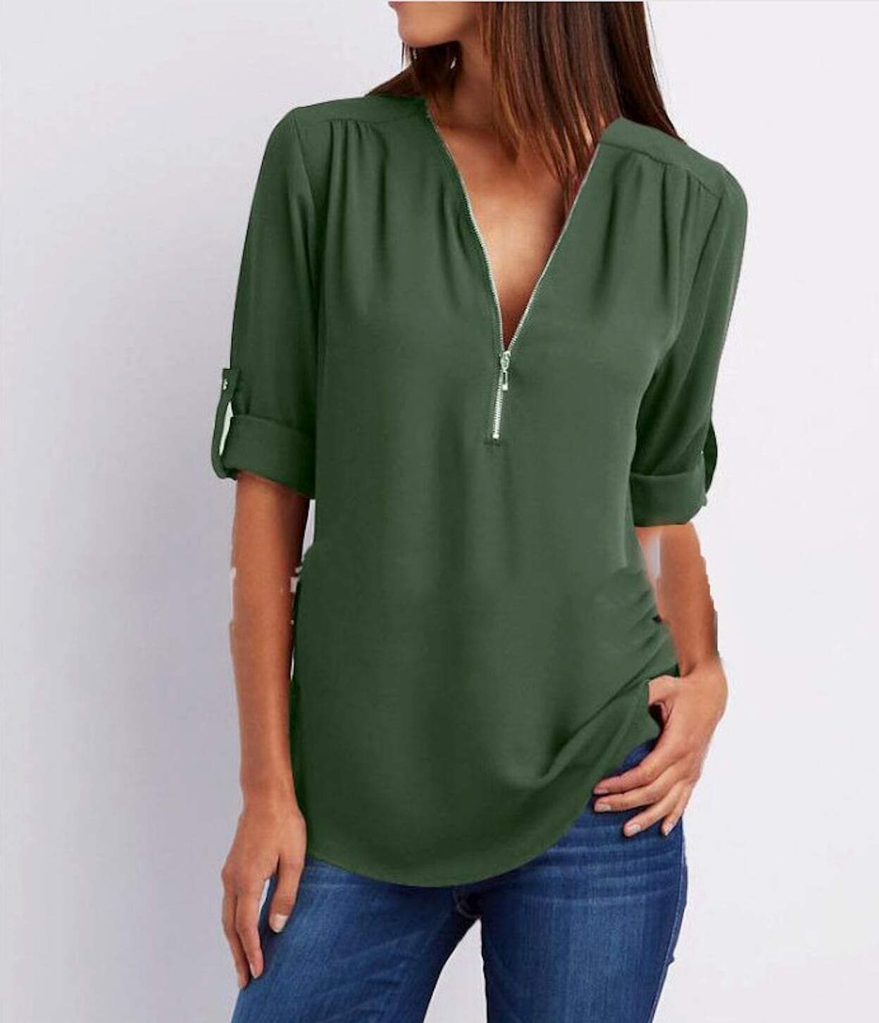 A stylish Women's V Neck Blouse in chiffon fabric, available in Gray, Pink, Blue, and Green, showcasing its elegant design and comfortable fit.