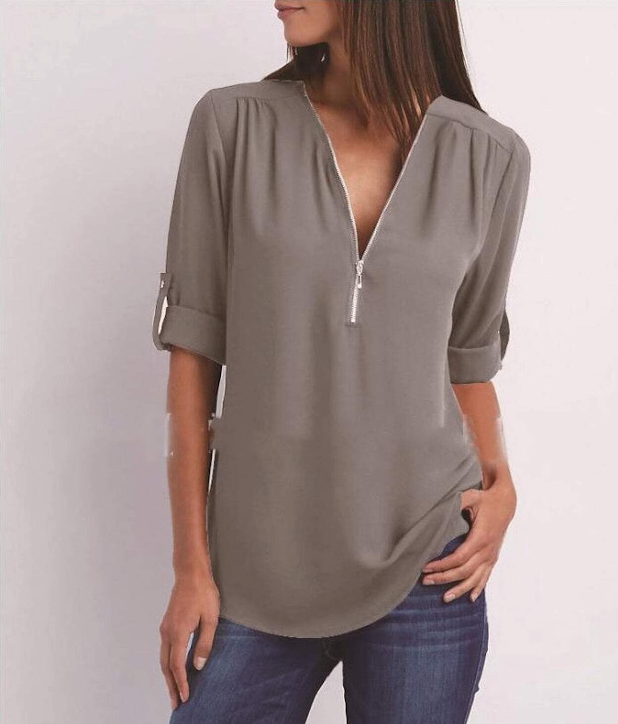 A stylish Women's V Neck Blouse in chiffon fabric, available in Gray, Pink, Blue, and Green, showcasing its elegant design and comfortable fit.