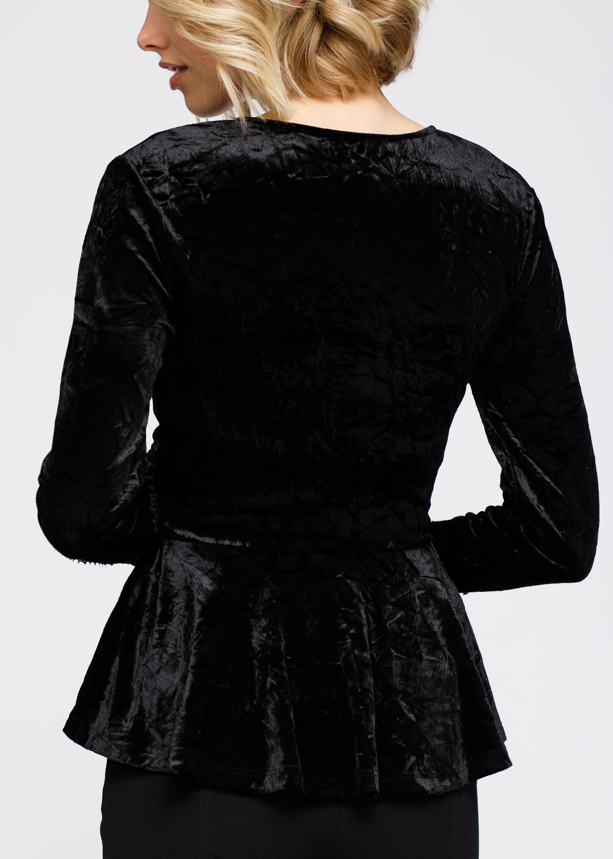 Women's Velvet Wrap Peplum Top featuring lace inset sleeves and a flattering wrap front design in a rich velvet fabric.