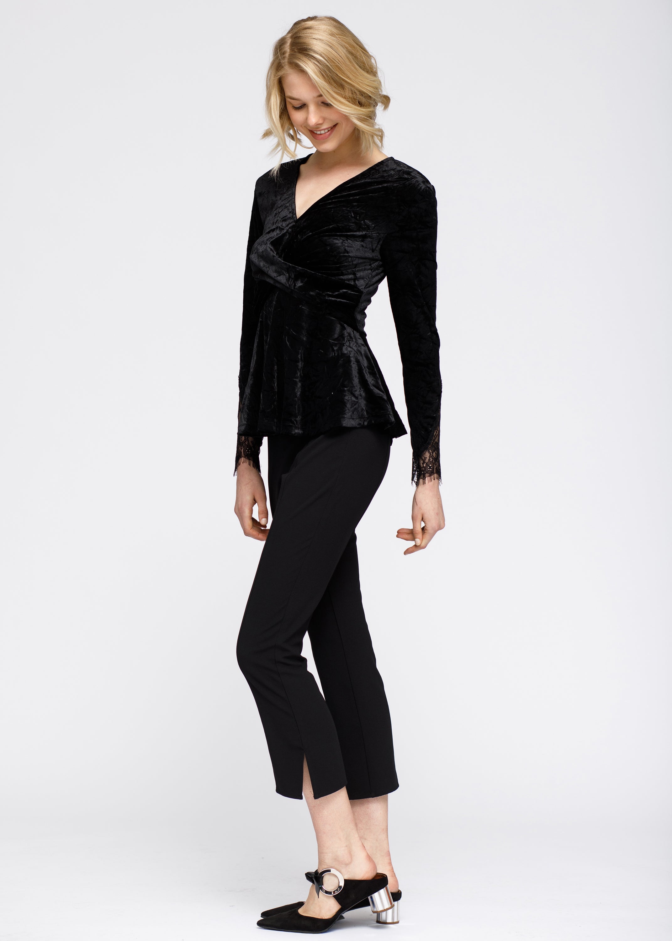 Women's Velvet Wrap Peplum Top featuring lace inset sleeves and a flattering wrap front design in a rich velvet fabric.