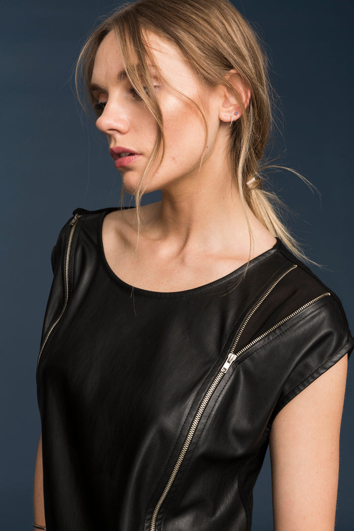 A stylish Women's Zip Shoulder Leather Front Top featuring a luxurious leather front and unique zip shoulder design, perfect for versatile fashion.