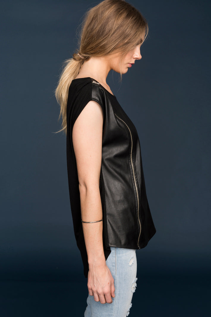 A stylish Women's Zip Shoulder Leather Front Top featuring a luxurious leather front and unique zip shoulder design, perfect for versatile fashion.