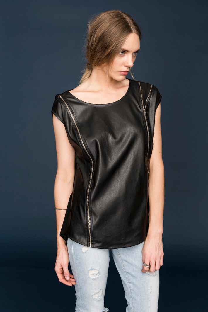 A stylish Women's Zip Shoulder Leather Front Top featuring a luxurious leather front and unique zip shoulder design, perfect for versatile fashion.