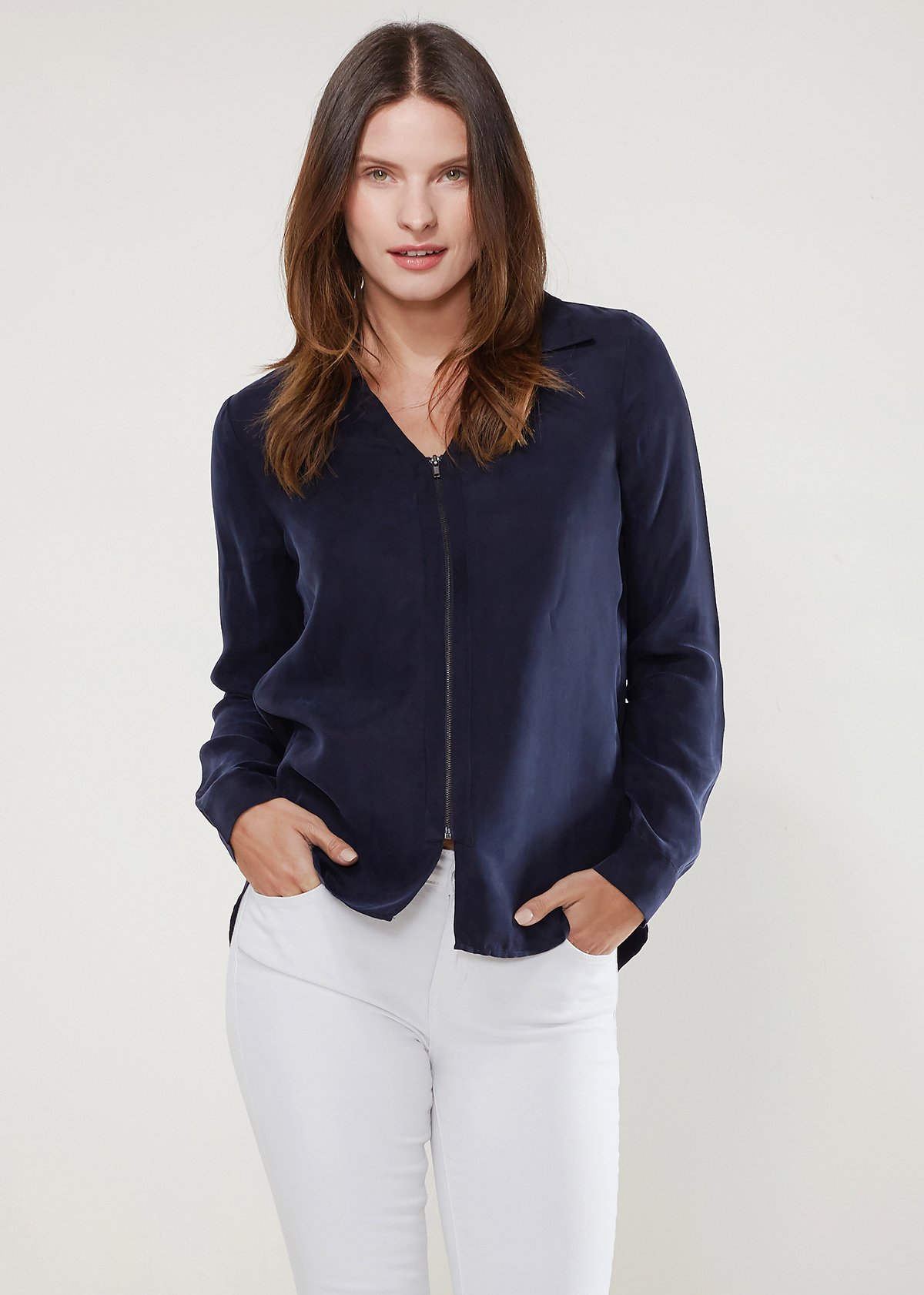 Women's Zip Up Shirt Blouse in Midnight Pool featuring a standard collar, zip closure, hi-lo hem, and long sleeves with button cuffs.