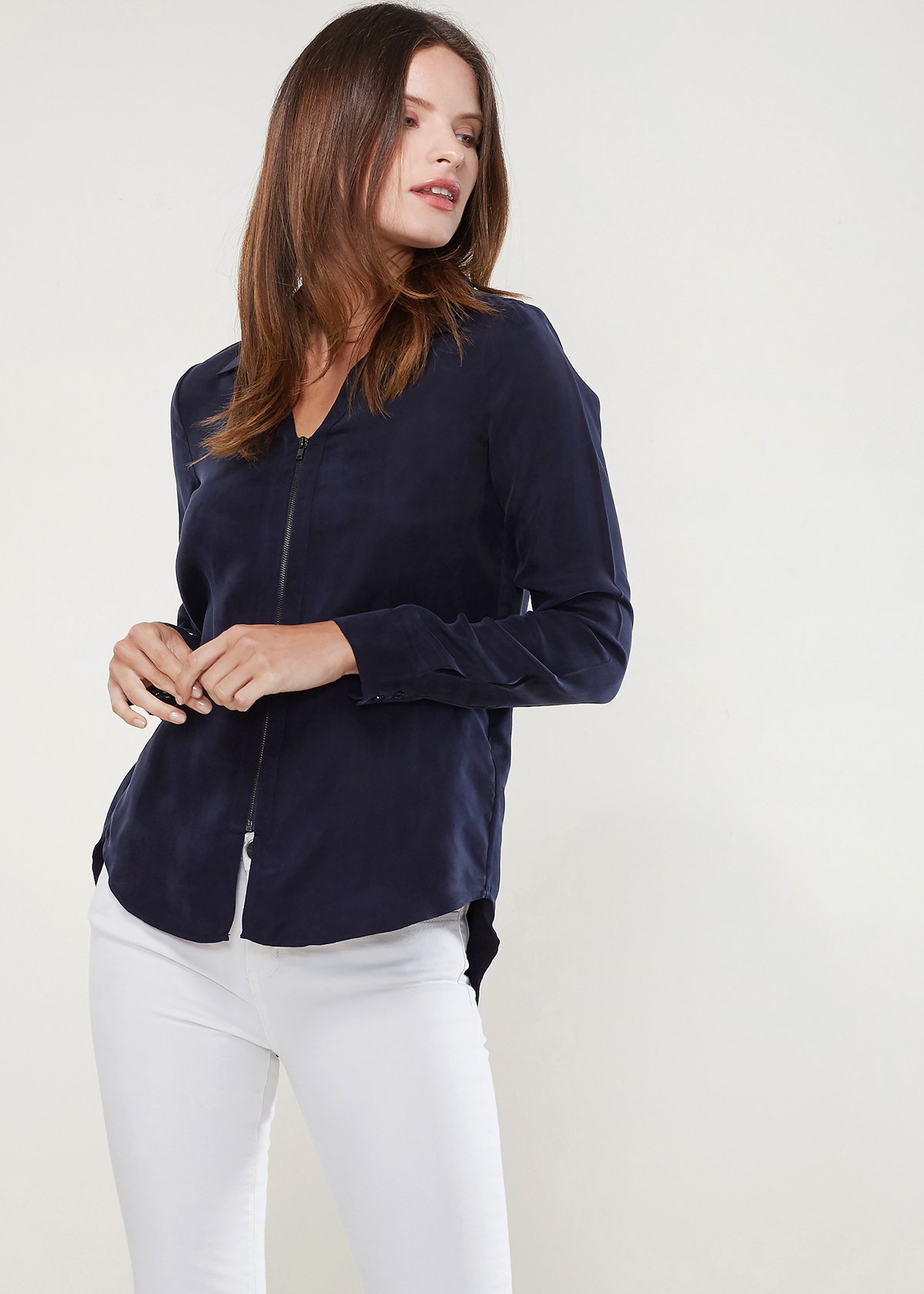 Women's Zip Up Shirt Blouse in Midnight Pool featuring a standard collar, zip closure, hi-lo hem, and long sleeves with button cuffs.