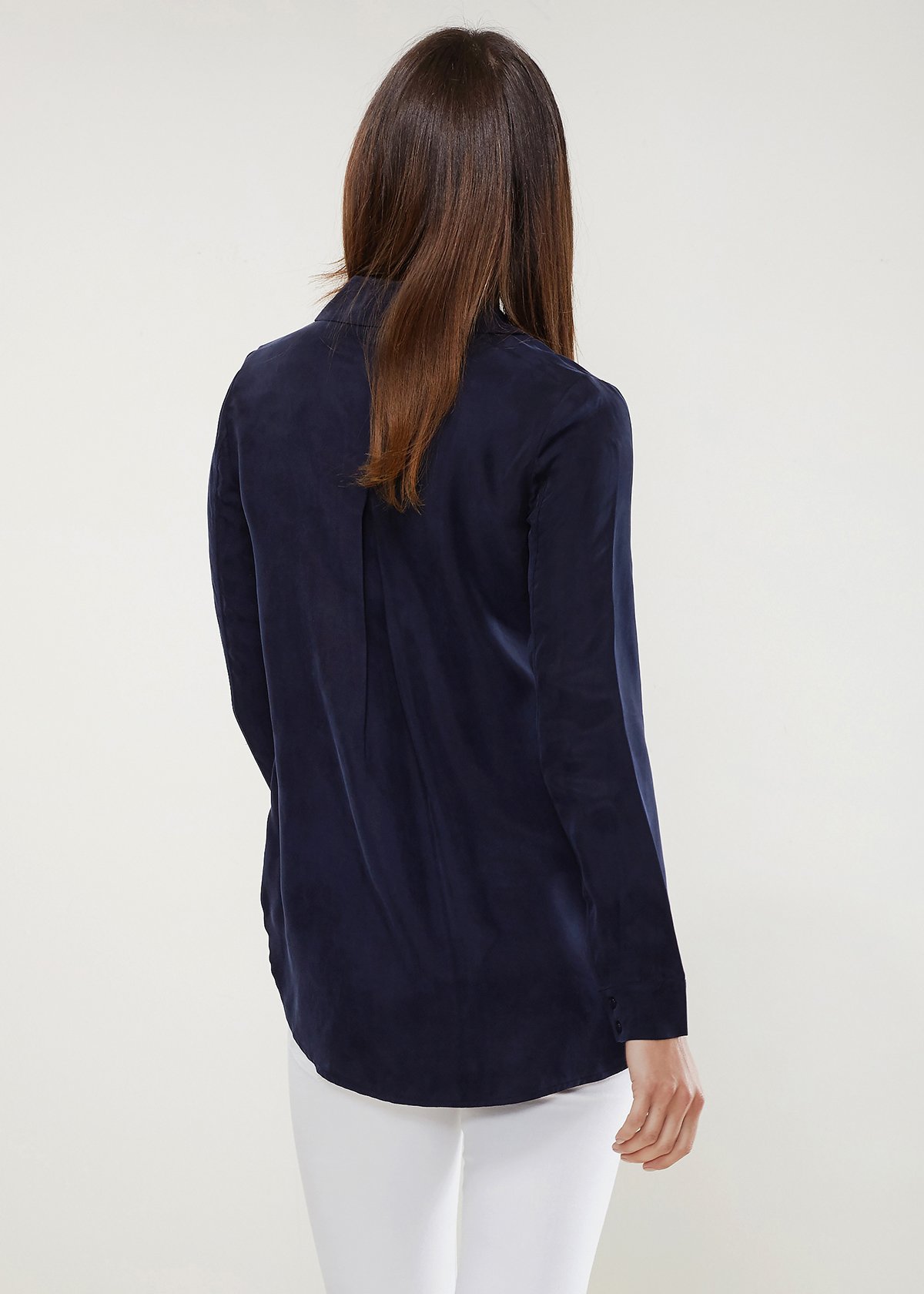 Women's Zip Up Shirt Blouse in Midnight Pool featuring a standard collar, zip closure, hi-lo hem, and long sleeves with button cuffs.