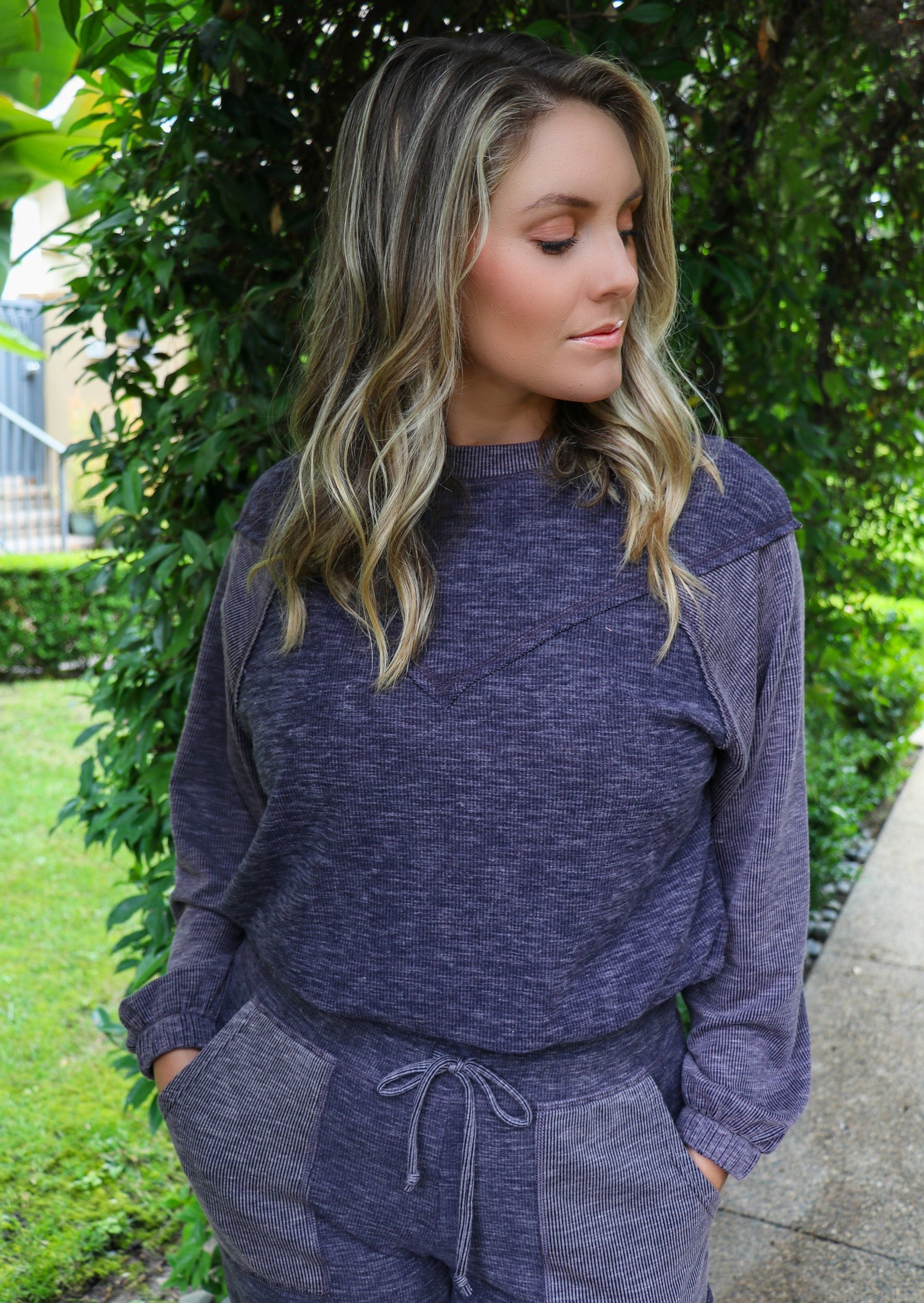 Yasmine Pullover featuring relaxed dolman sleeves and V yoke detail in soft brushed rib fabric.