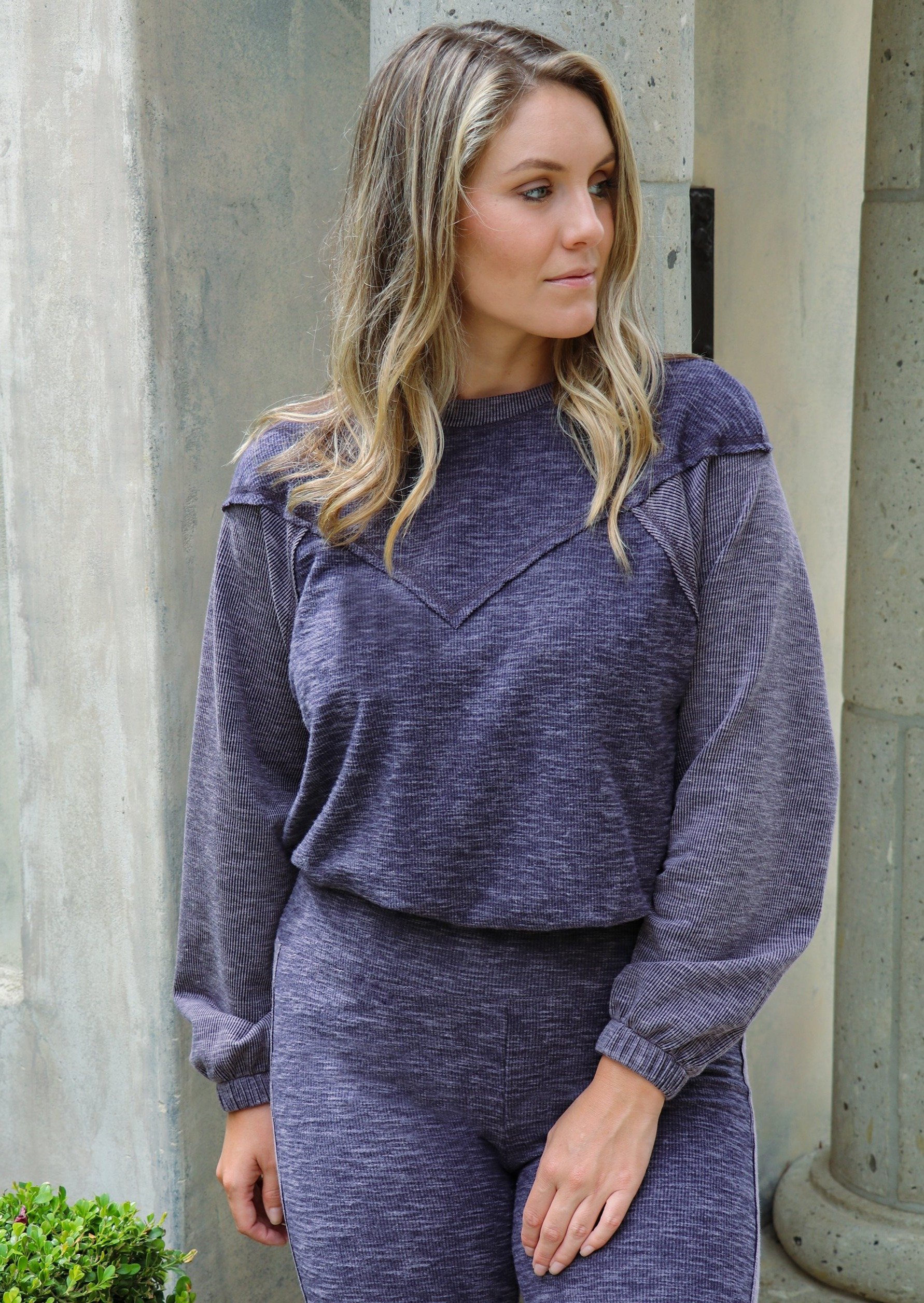 Yasmine Pullover featuring relaxed dolman sleeves and V yoke detail in soft brushed rib fabric.