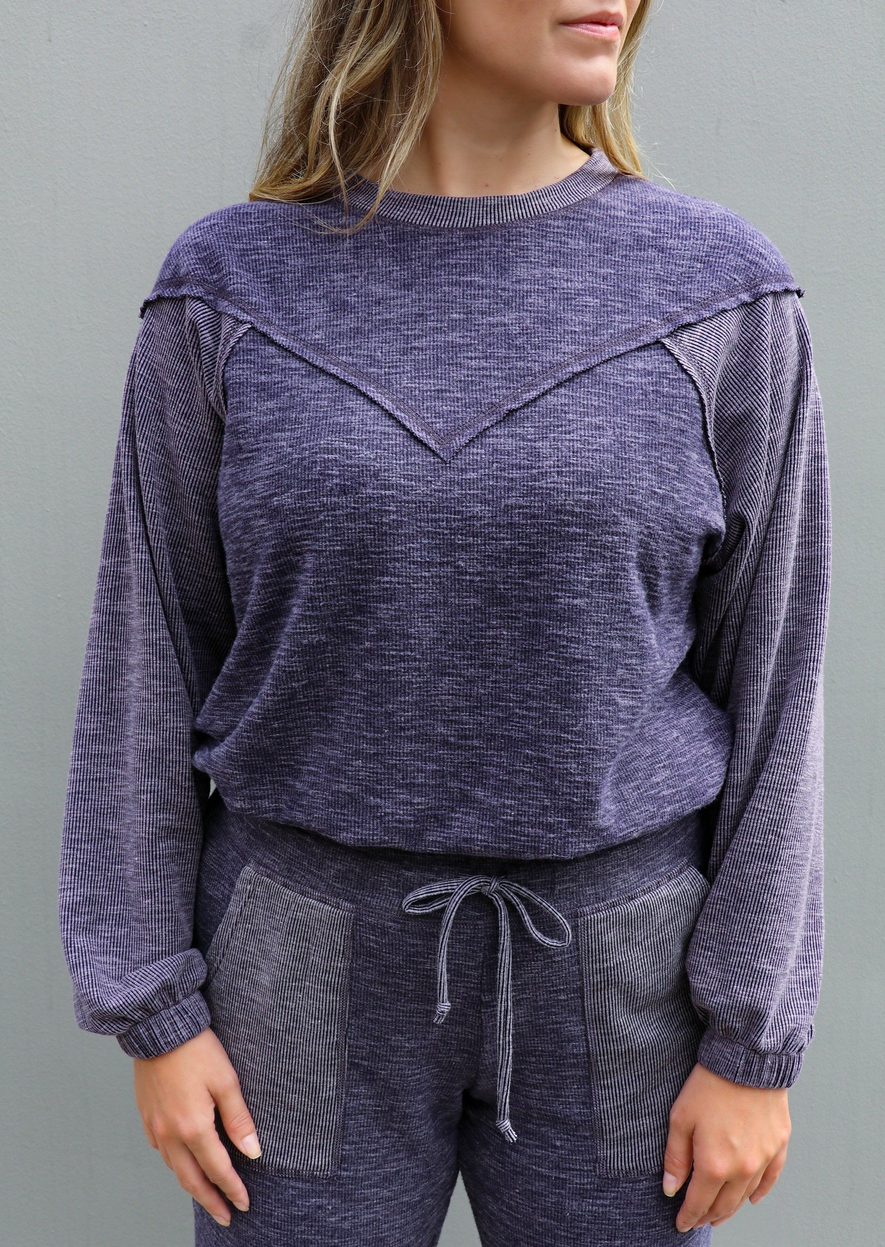 Yasmine Pullover featuring relaxed dolman sleeves and V yoke detail in soft brushed rib fabric.