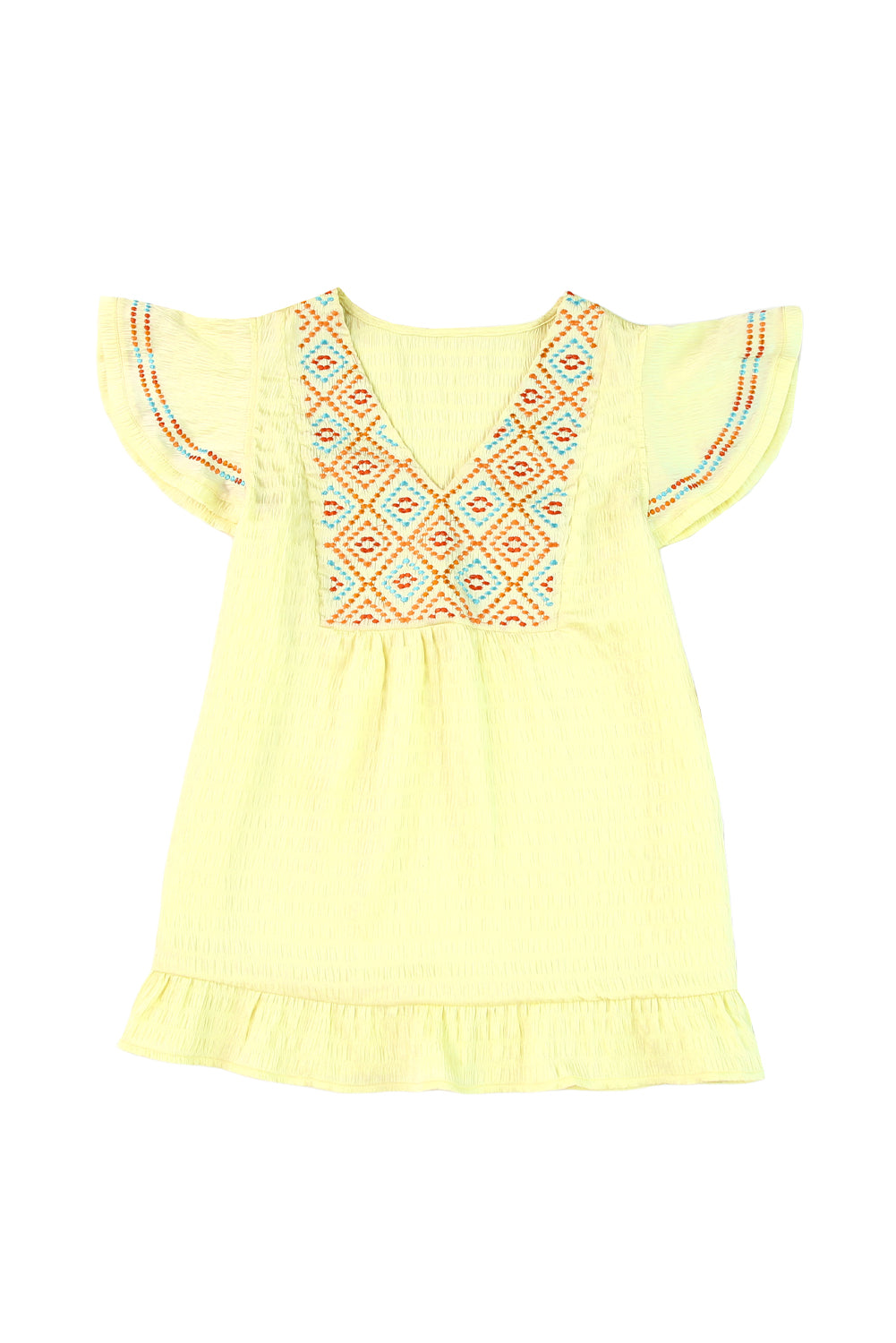 A stylish yellow top featuring geometric embroidery and ruffles, perfect for fashion-forward women.