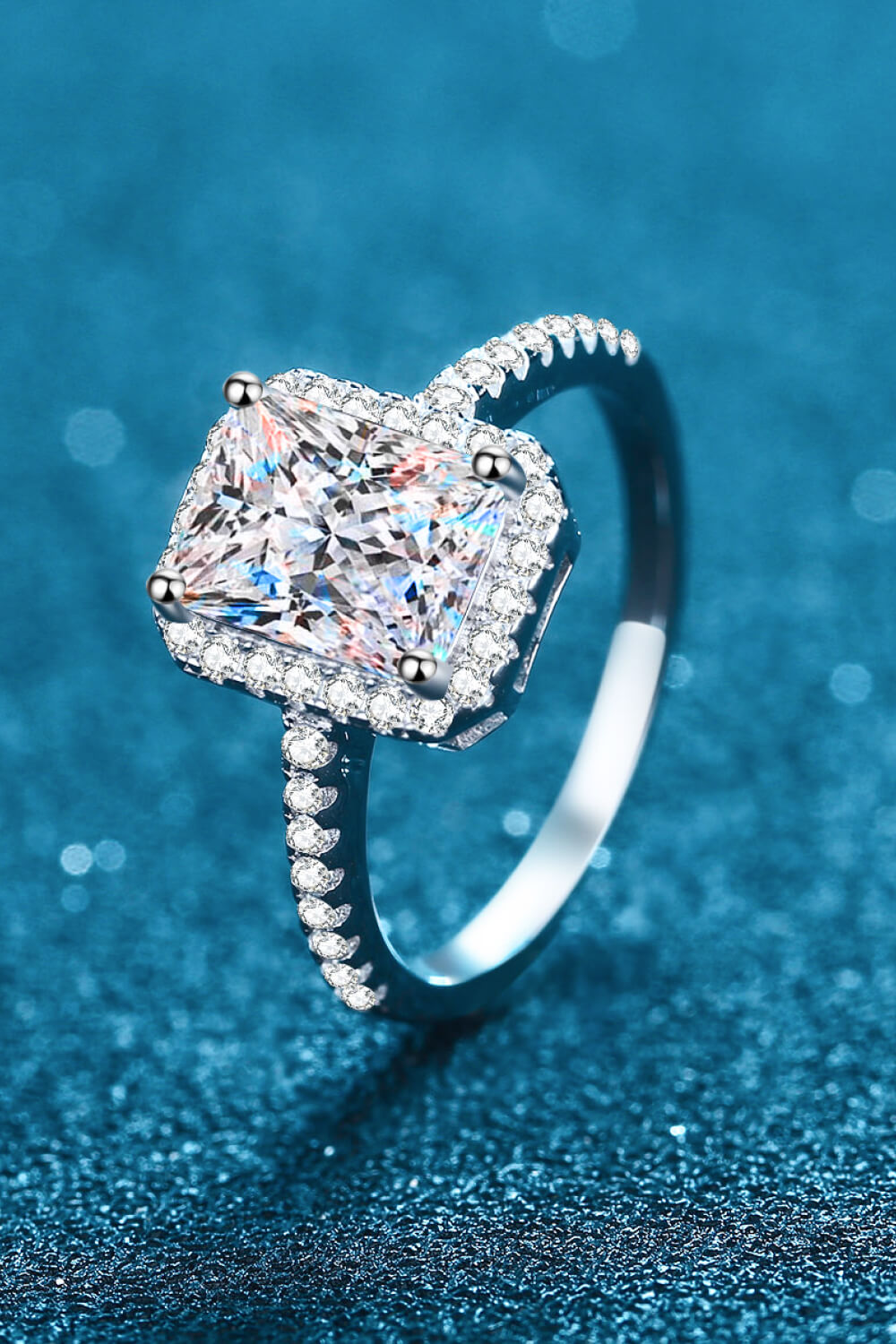 1 Carat Rectangle Moissanite Ring in 925 sterling silver, showcasing its elegant design and brilliant stone.