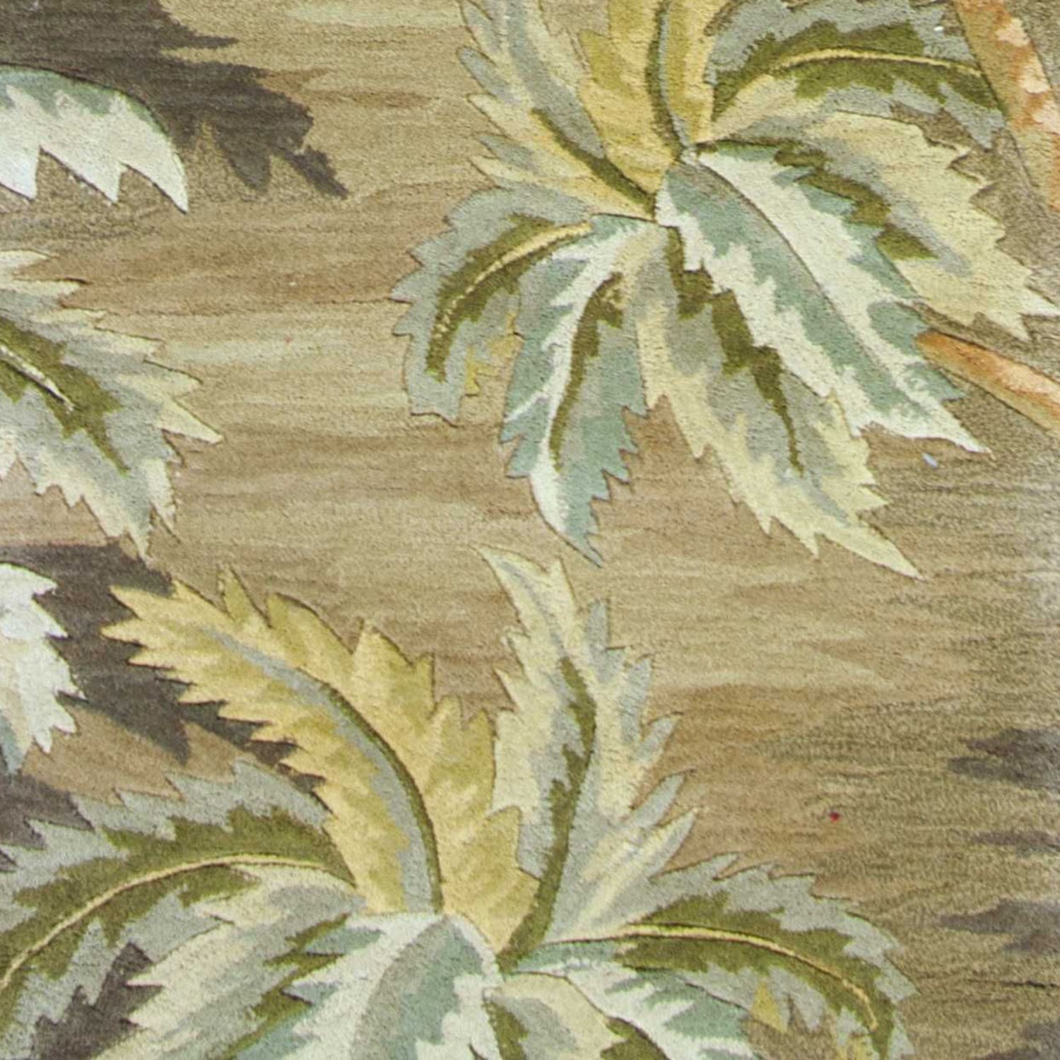 10' moss green hand-tufted indoor runner rug featuring tropical tree designs, made of wool with cotton backing.