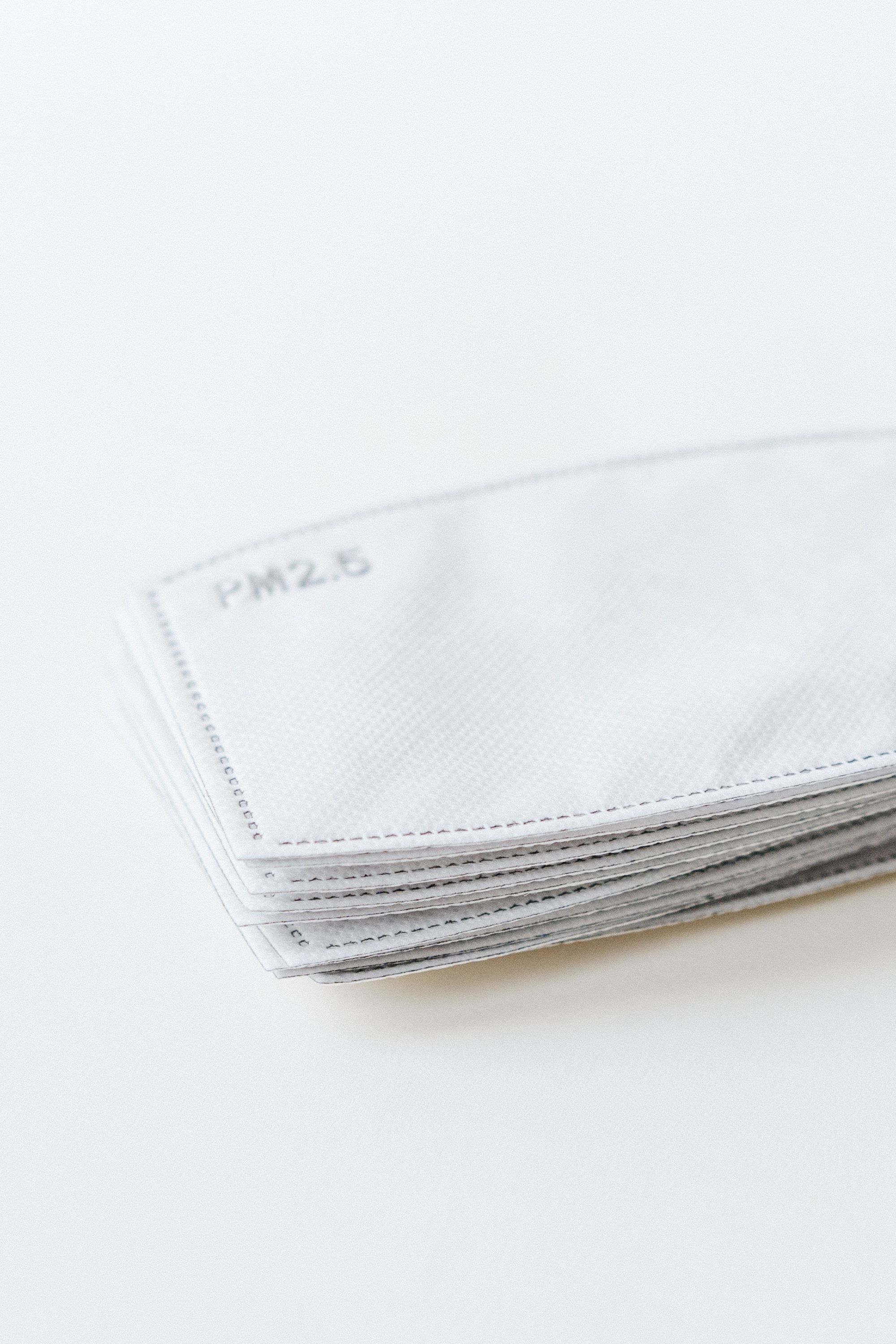 A pack of 10 high-quality PM 2.5 carbon filters for face masks, showcasing their size and layered design.