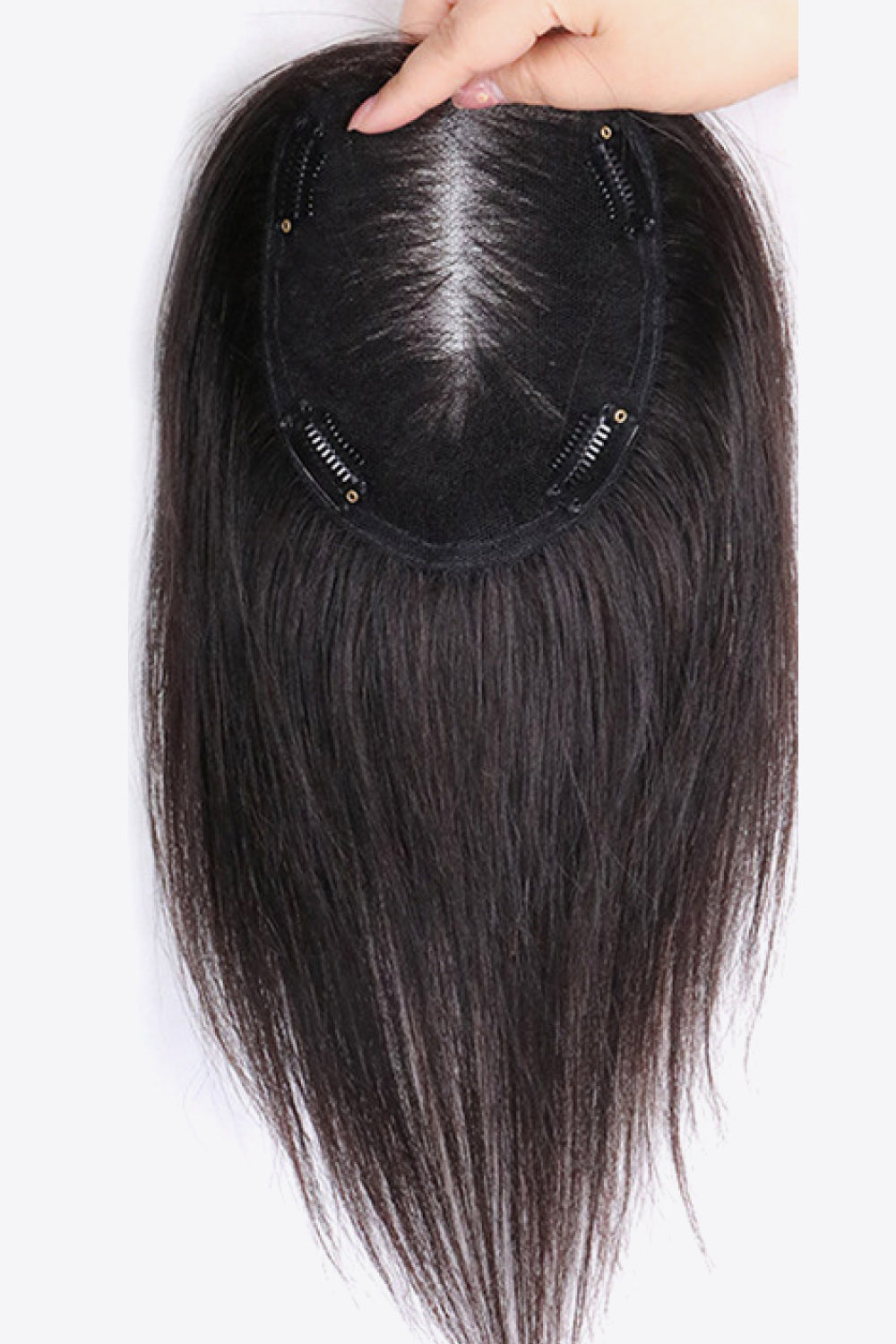 12 inch fully handmade human virgin hair topper with straight texture and 150% density, displayed on a mannequin.