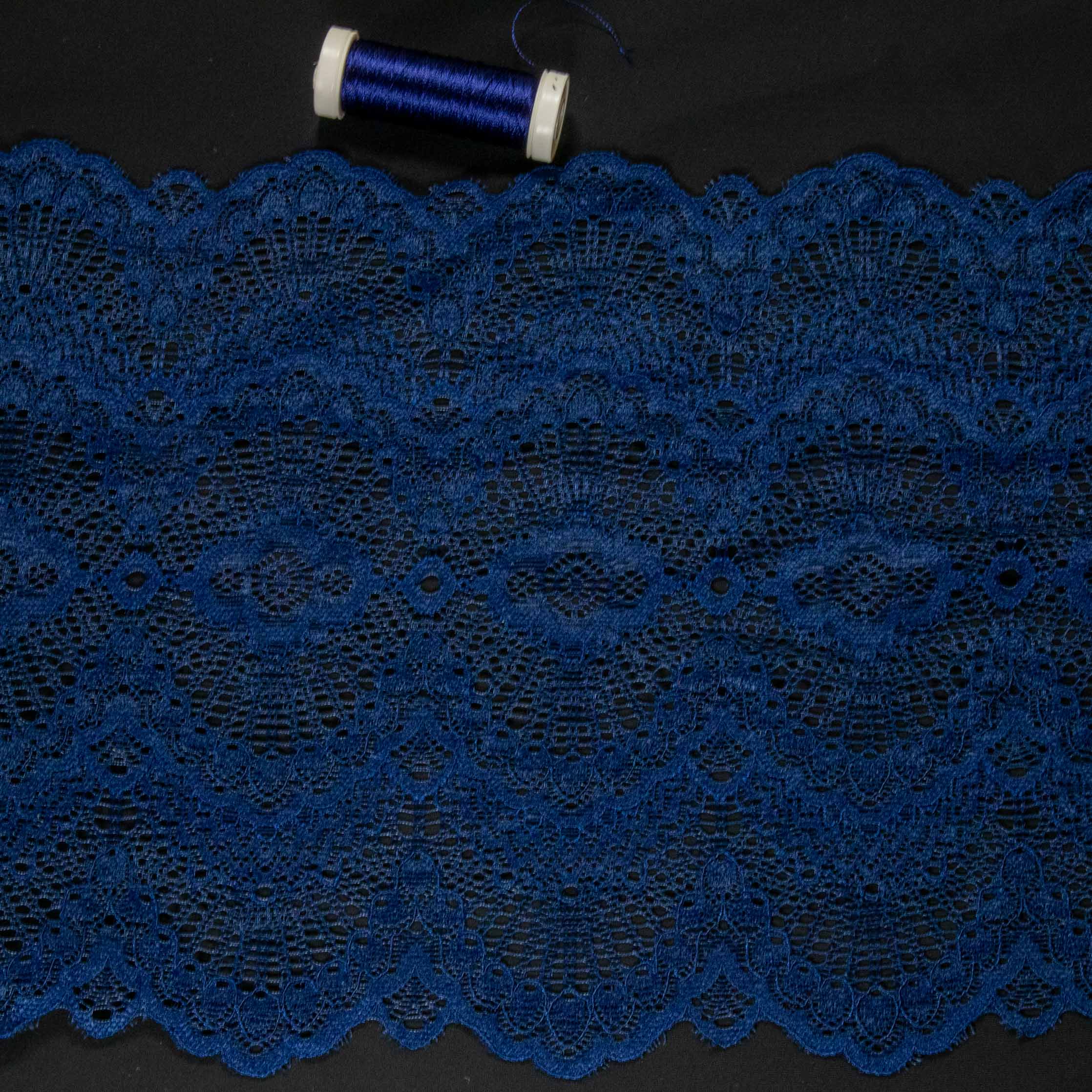 1/2 yard of blue double edge stretch scallop lace, showcasing intricate embroidered mesh design and scalloped edges.