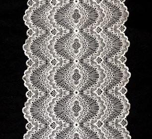 1/2 YD Double Edge Stretch Scallop Lace in white, showcasing its intricate scallop design and soft texture.