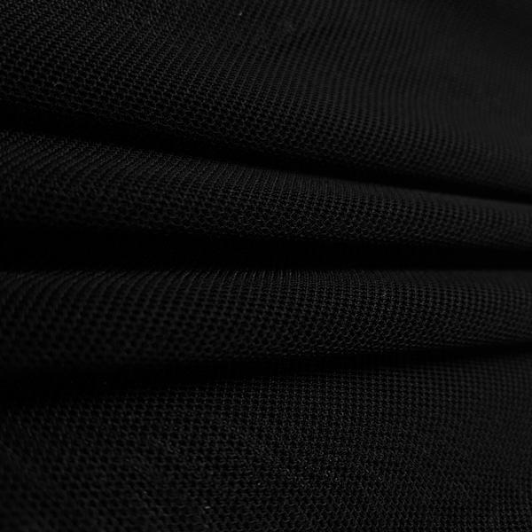 Black stretch mesh fabric, 1/2 yard, 90% nylon, 10% spandex, lightweight and flexible.