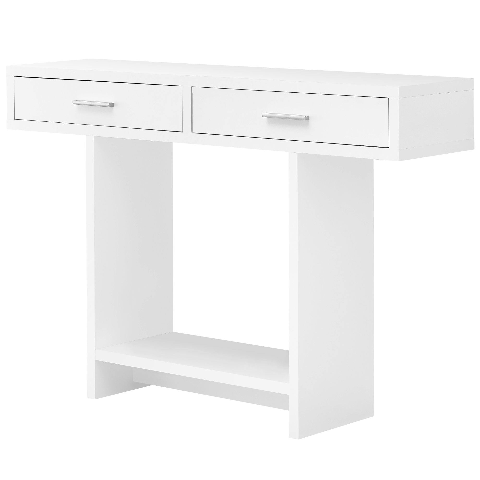 Elegant white particle board accent table with hollow core design, perfect for displaying decor items in a living room setting.