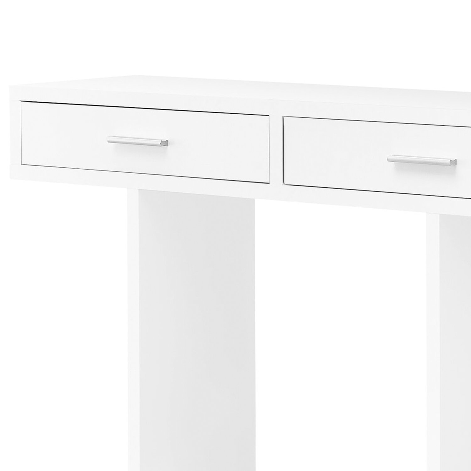 Elegant white particle board accent table with hollow core design, perfect for displaying decor items in a living room setting.