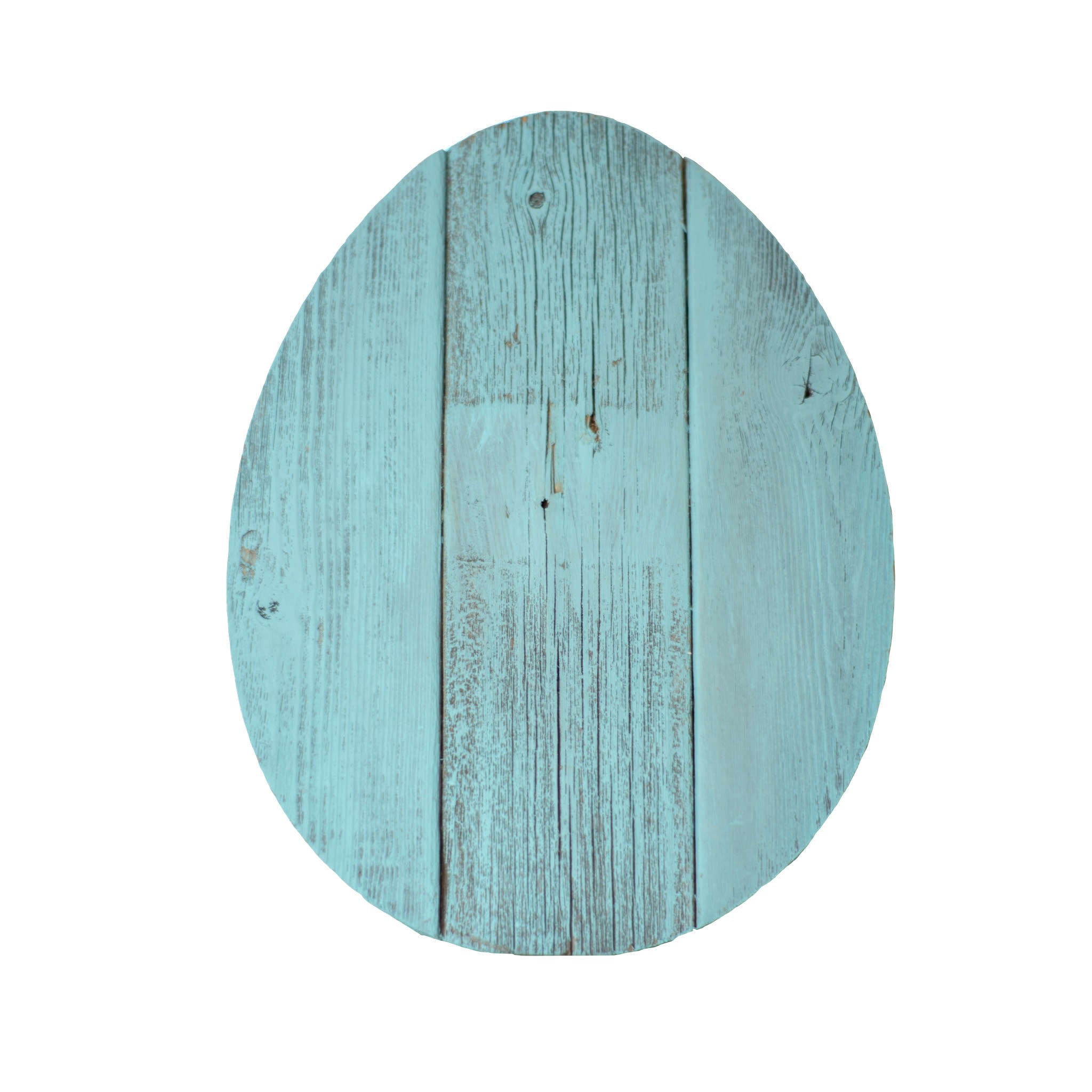 A 12-inch turquoise wooden egg with a distressed finish, crafted from reclaimed cedar, perfect for decorative use and crafting.