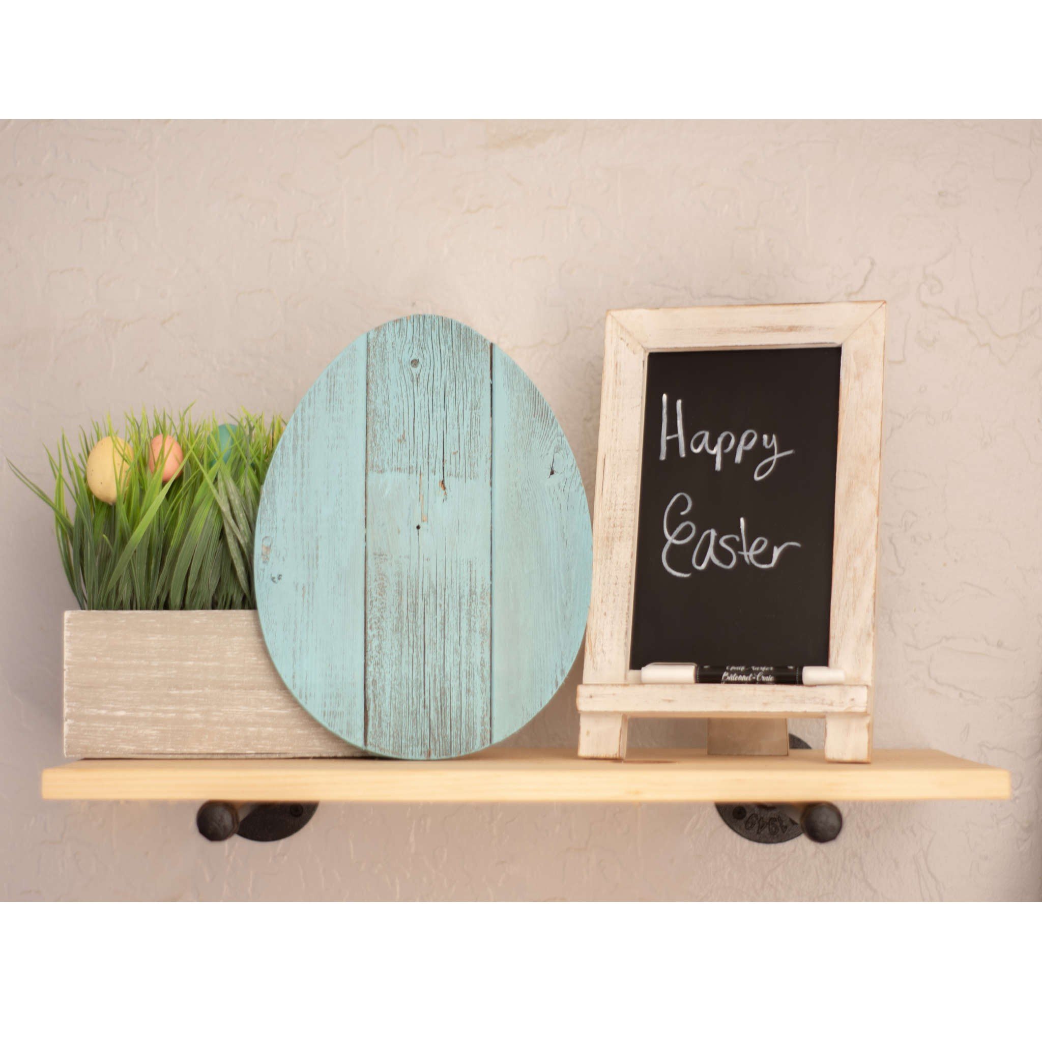 A 12-inch turquoise wooden egg with a distressed finish, crafted from reclaimed cedar, perfect for decorative use and crafting.