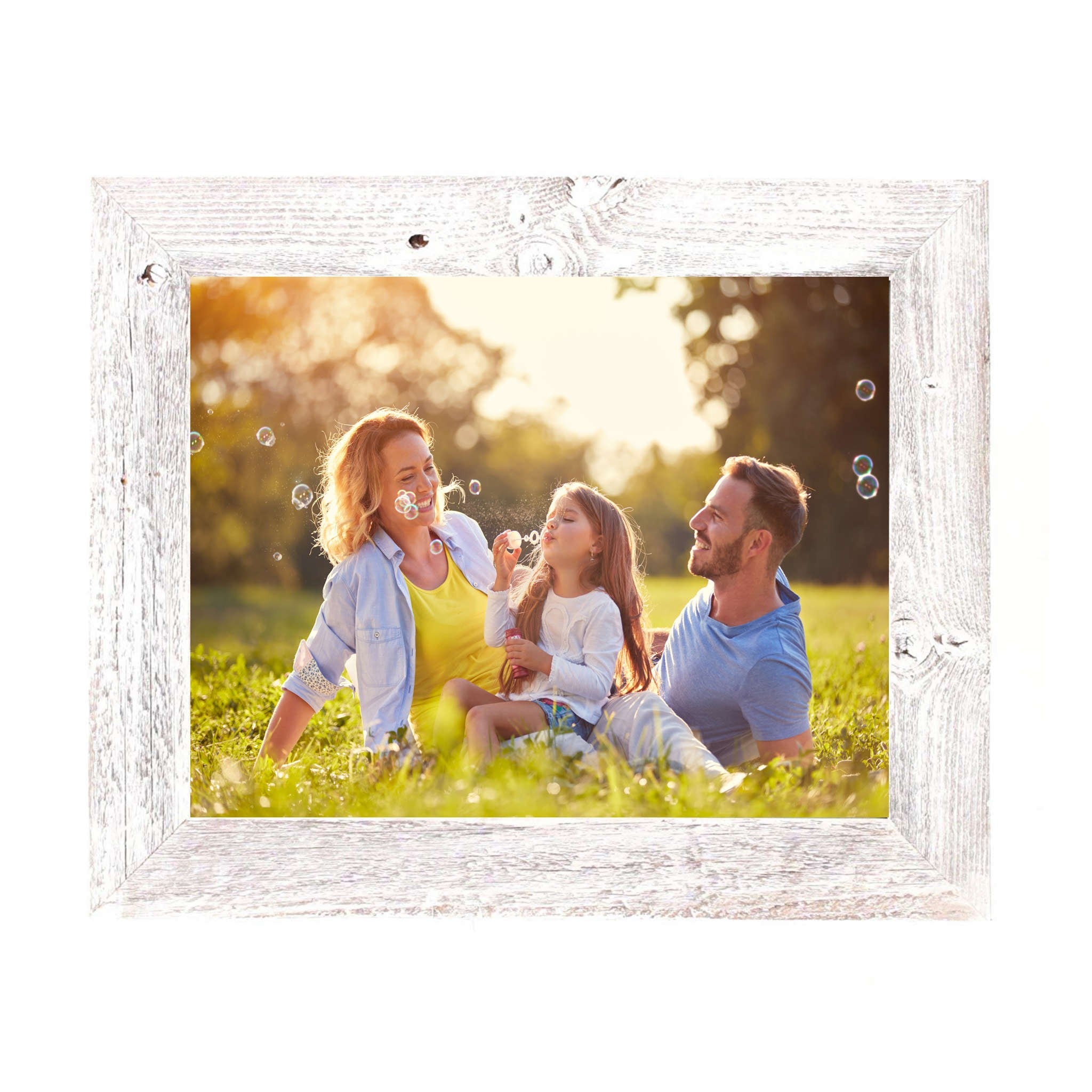 A rustic farmhouse white wash wood frame measuring 12x16 inches, showcasing a beautiful photo with a distressed finish.