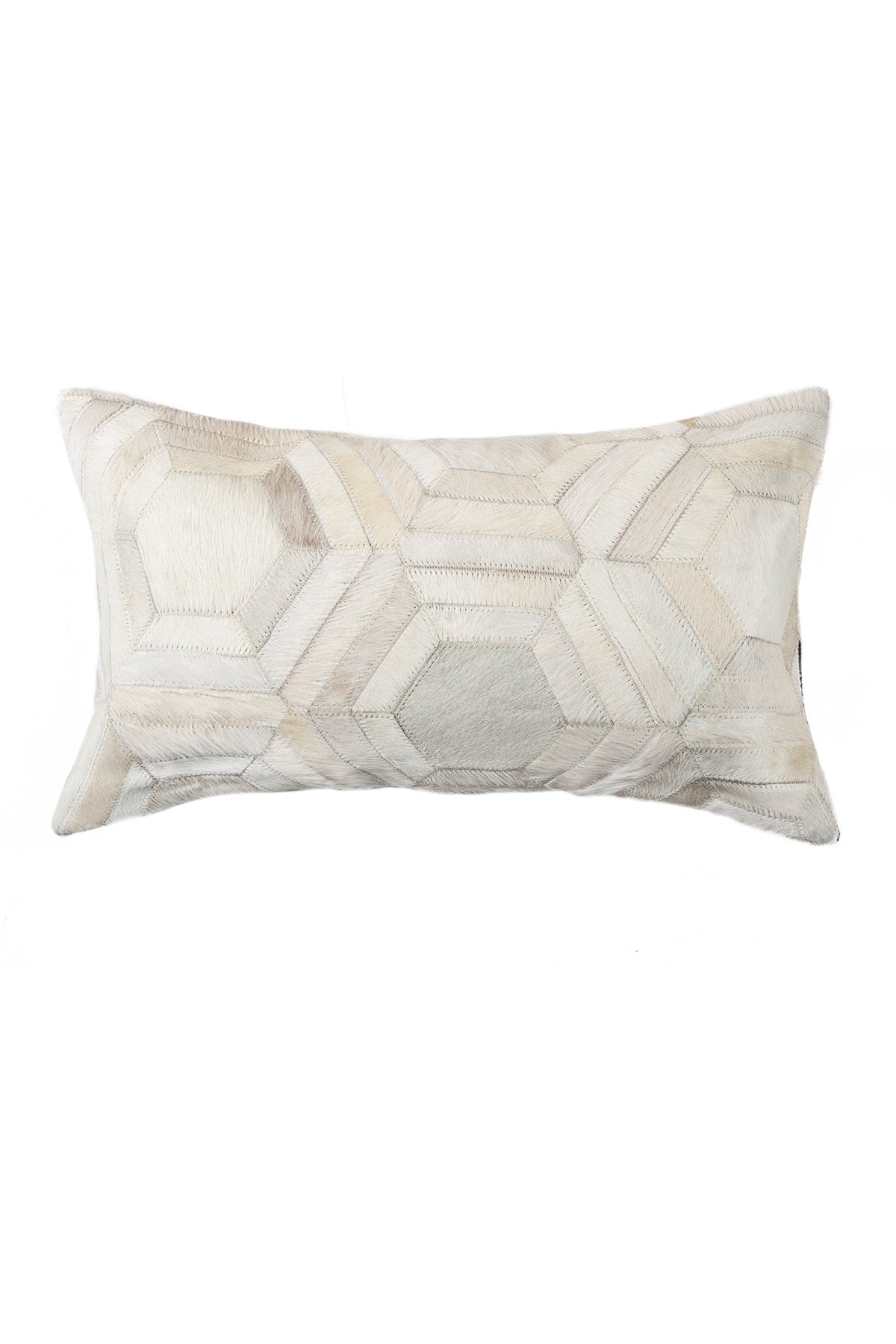 A luxurious gray pillow made from premium Indian cowhide, featuring a soft microsuede backing and concealed zipper closure.