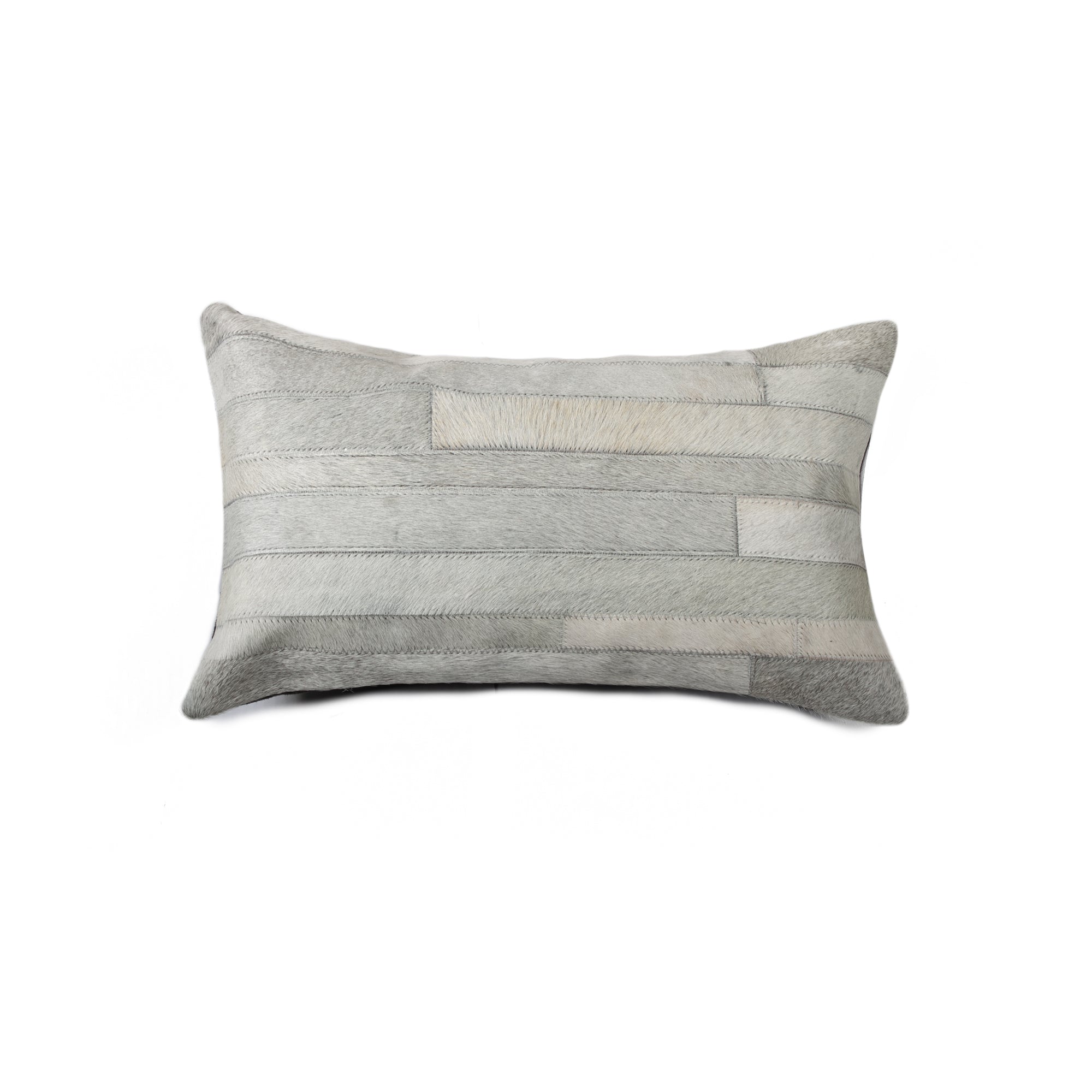 A luxurious gray pillow made from premium Indian cowhide, featuring a soft microsuede backing and concealed zipper closure.