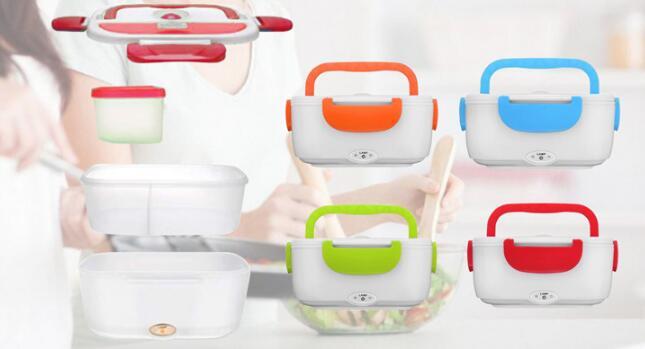 12V Electric Lunch Box Heating Warmer Food Container in vibrant colors, showcasing its eco-friendly design and spacious capacity.