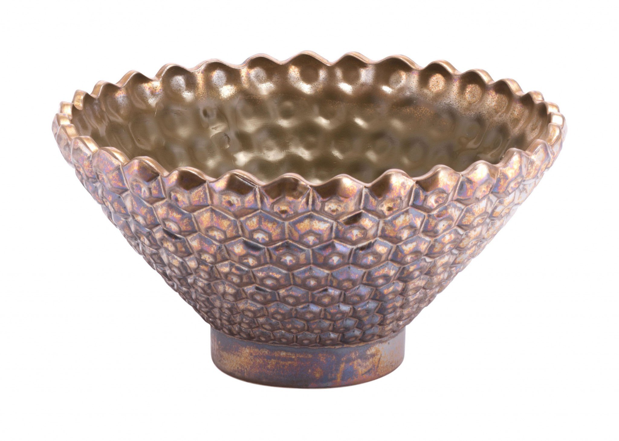 Antique Gold Ceramic Bowl with honeycomb pattern, shallow design, and distressed metallic finish, perfect for home decor.