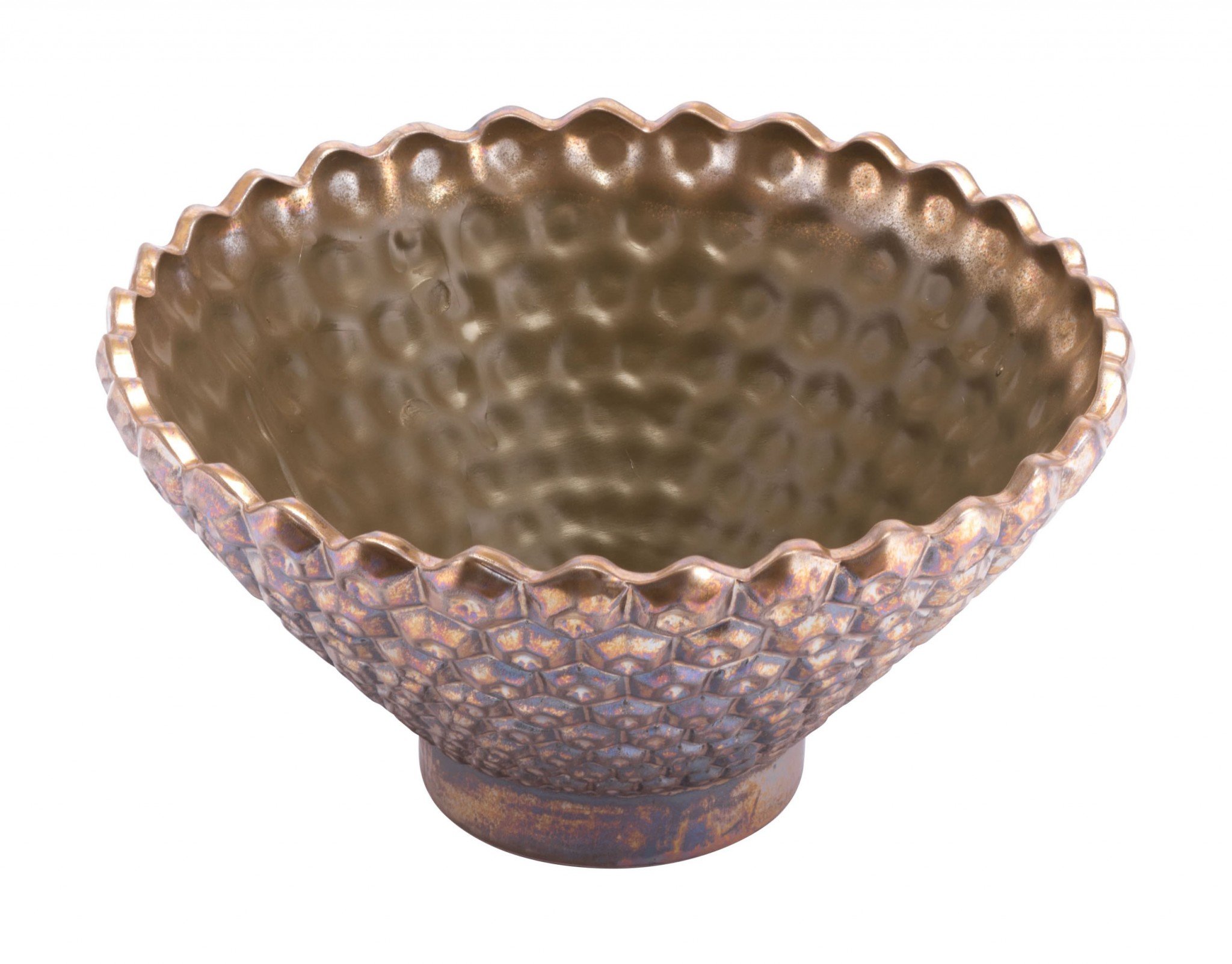 Antique Gold Ceramic Bowl with honeycomb pattern, shallow design, and distressed metallic finish, perfect for home decor.