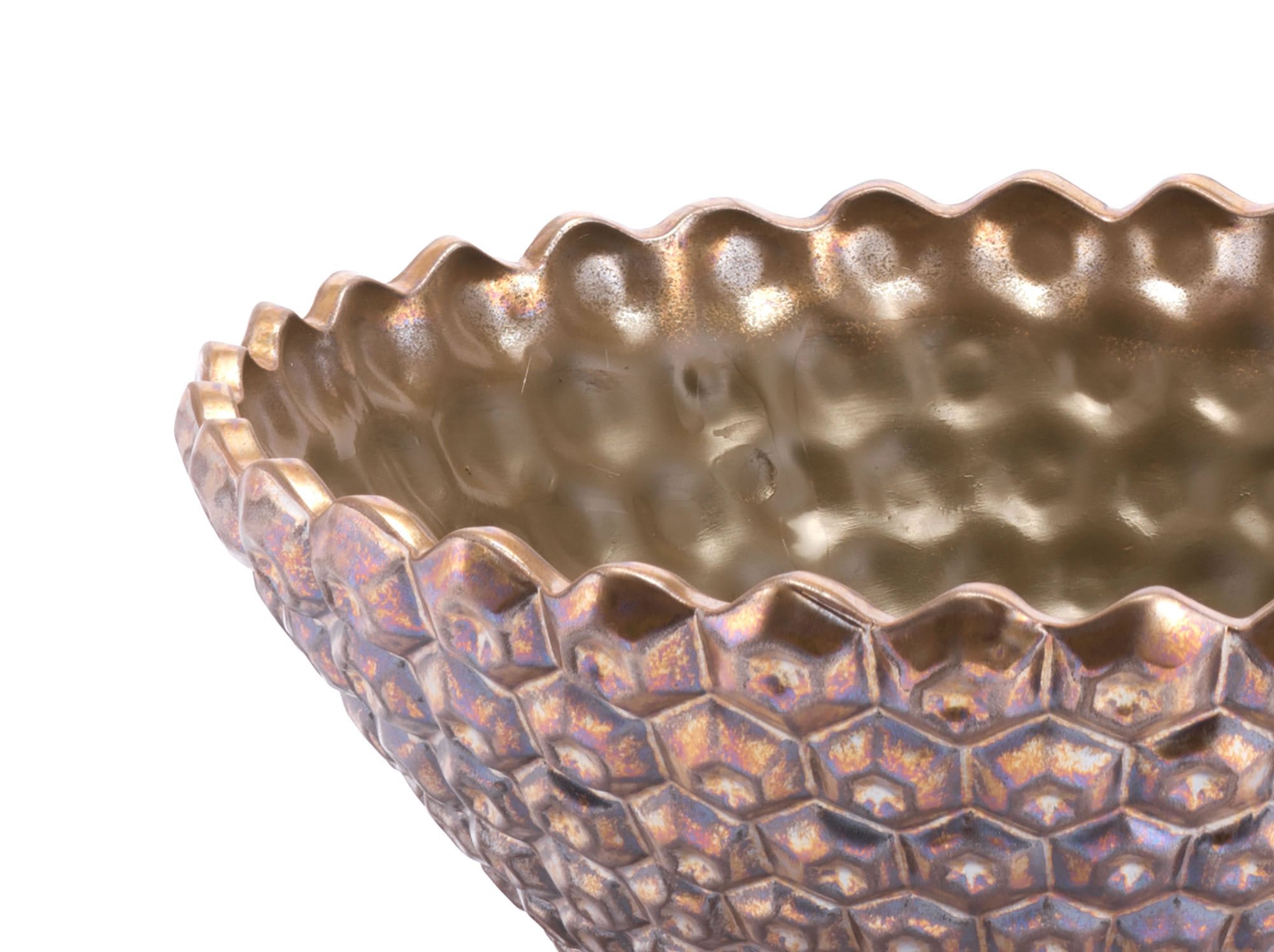 Antique Gold Ceramic Bowl with honeycomb pattern, shallow design, and distressed metallic finish, perfect for home decor.