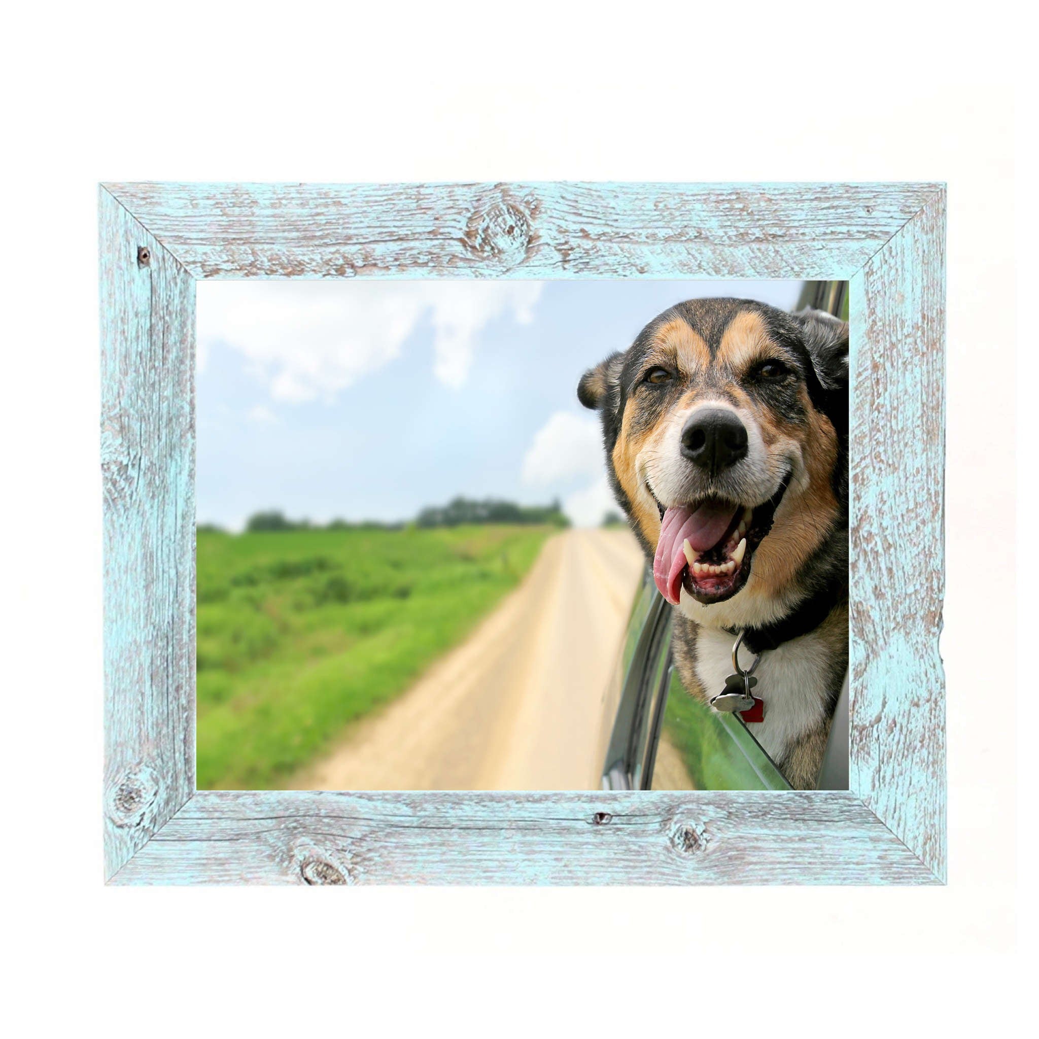 A rustic farmhouse light aqua blue wood frame, 13x19 inches, showcasing a unique distressed finish and plexiglass cover.