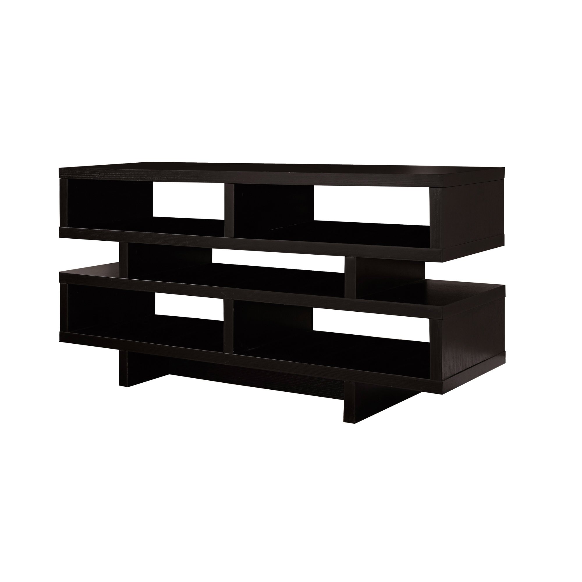 Cappuccino particle board hollow core TV console with five open shelves, modern design, and thick panel construction.