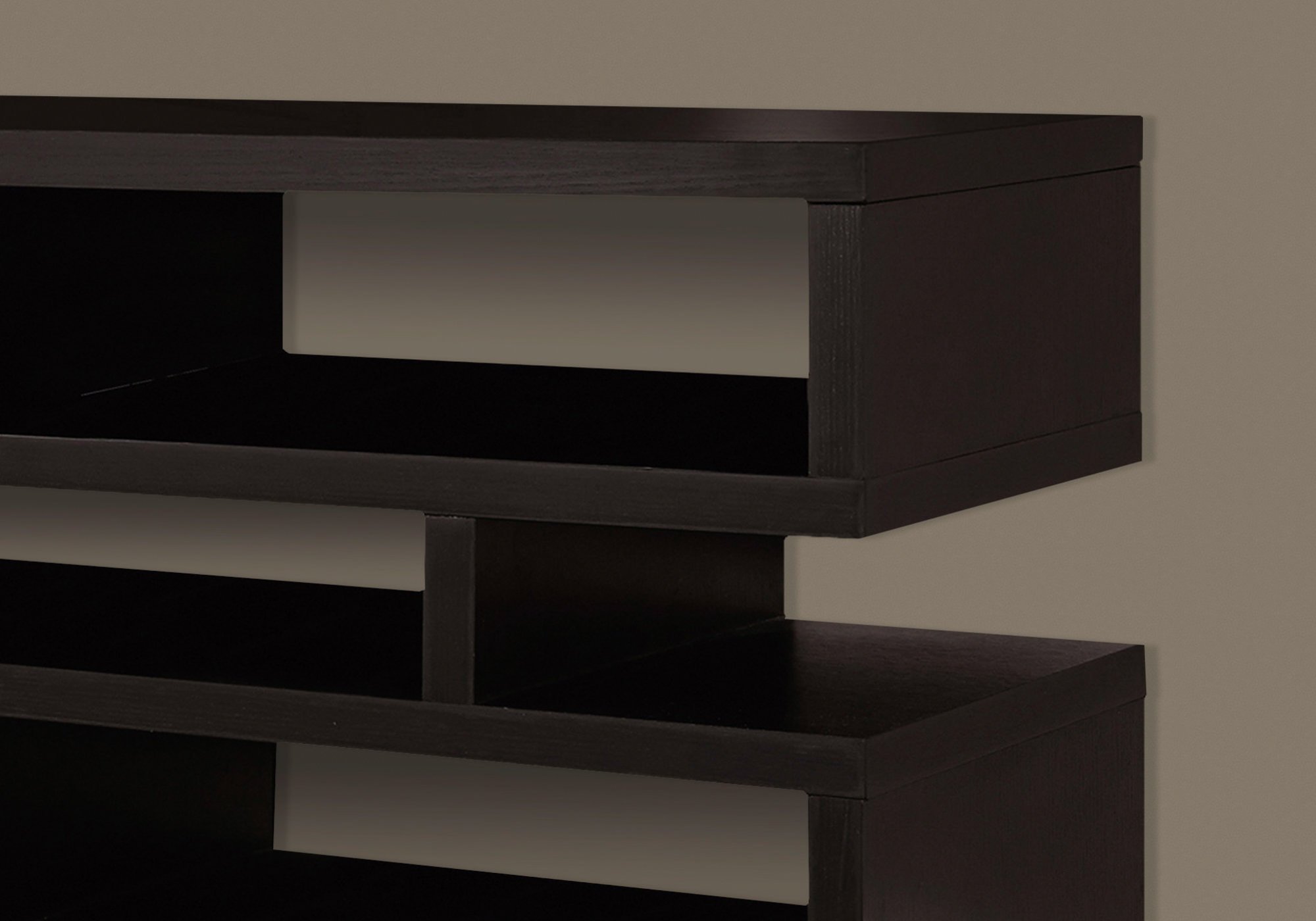 Cappuccino particle board hollow core TV console with five open shelves, modern design, and thick panel construction.