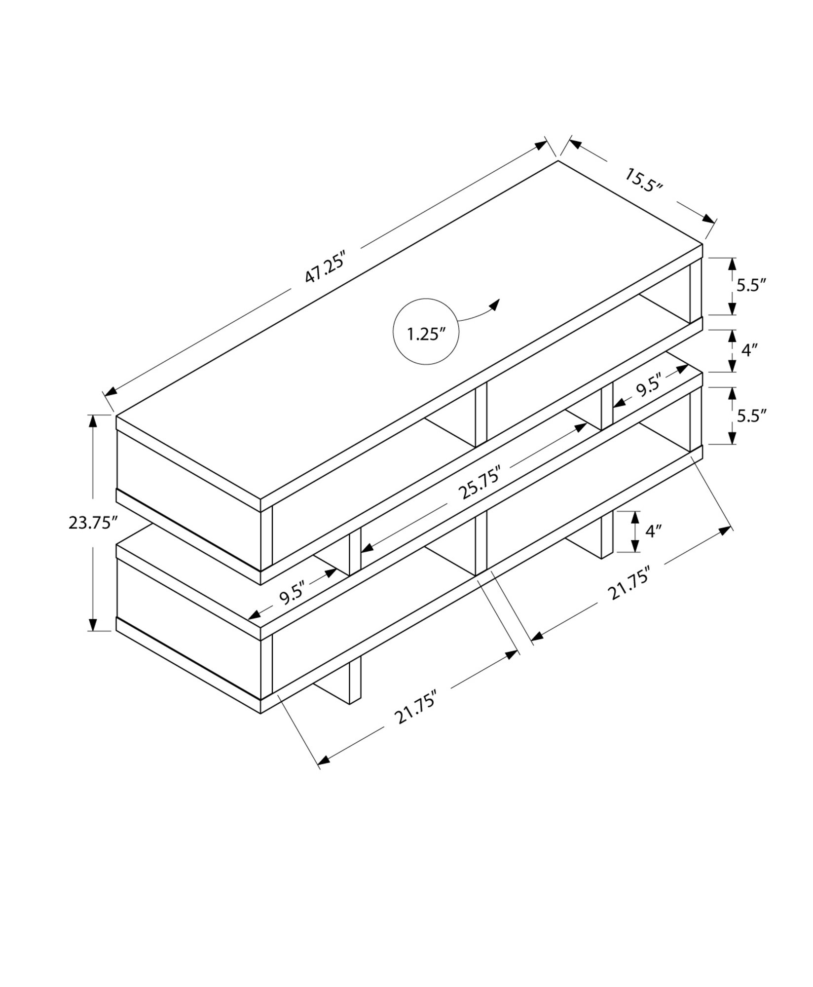 Cappuccino particle board hollow core TV console with five open shelves, modern design, and thick panel construction.