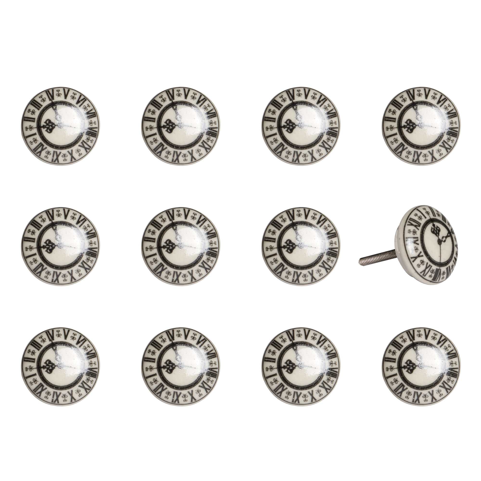 A pack of 12 ceramic knobs in cream, black, and gray colors, each measuring 1.5 inches, showcasing intricate hand-painted designs.