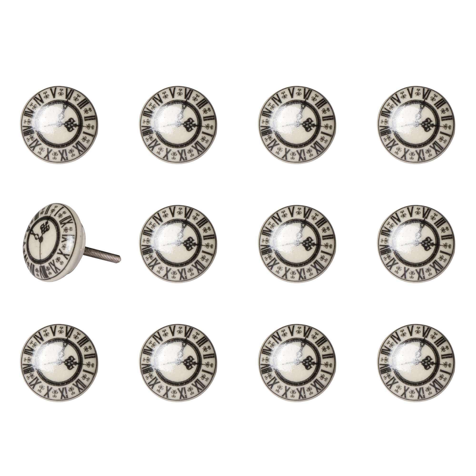 A pack of 12 ceramic knobs in cream, black, and gray colors, each measuring 1.5 inches, showcasing intricate hand-painted designs.