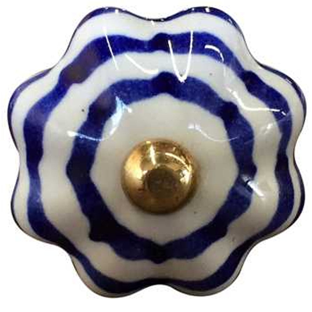 A pack of 12 hand-painted ceramic knobs in white, blue, and copper colors, designed for furniture enhancement.