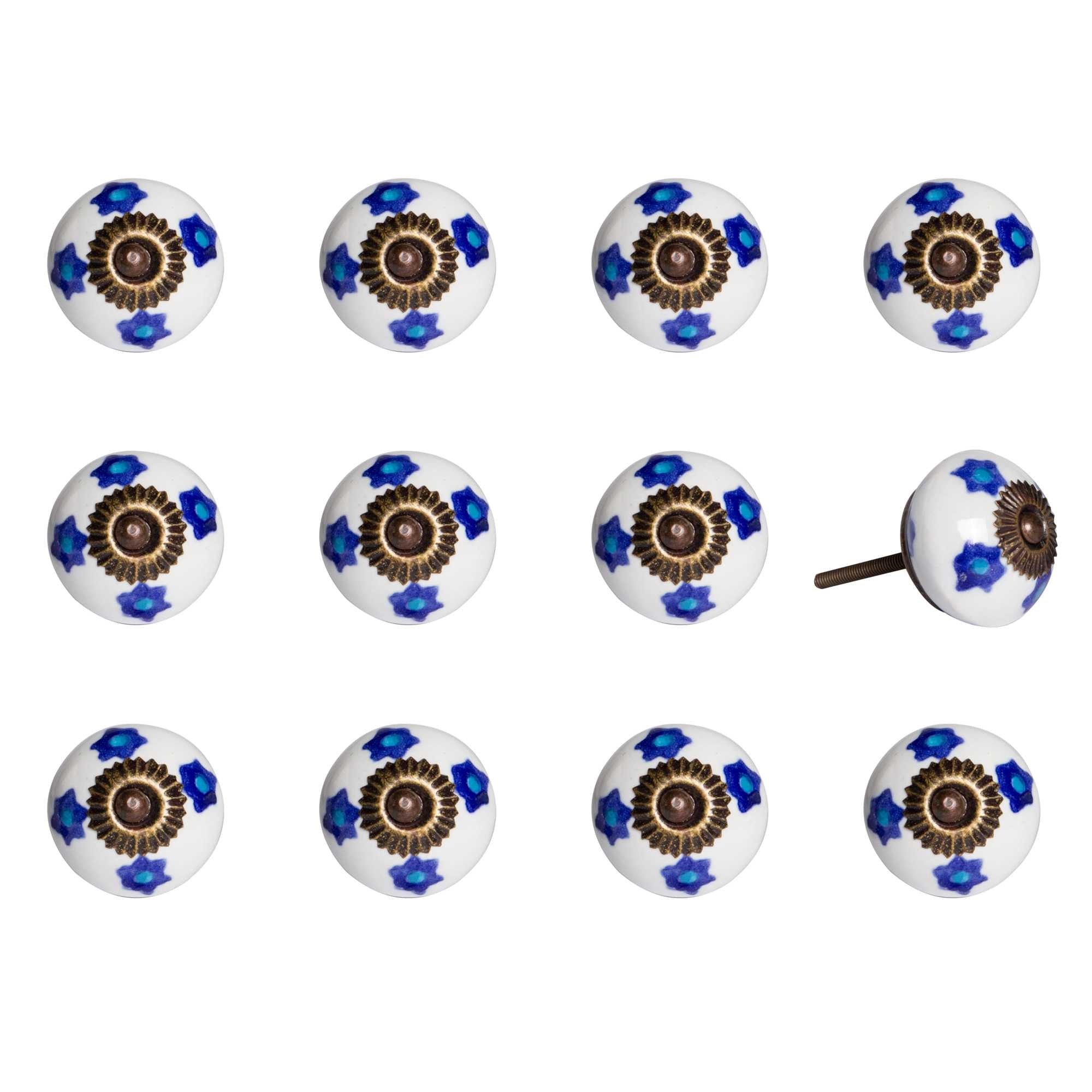 A set of 12 hand-painted ceramic knobs in white, blue, and turquoise, designed for furniture enhancement.