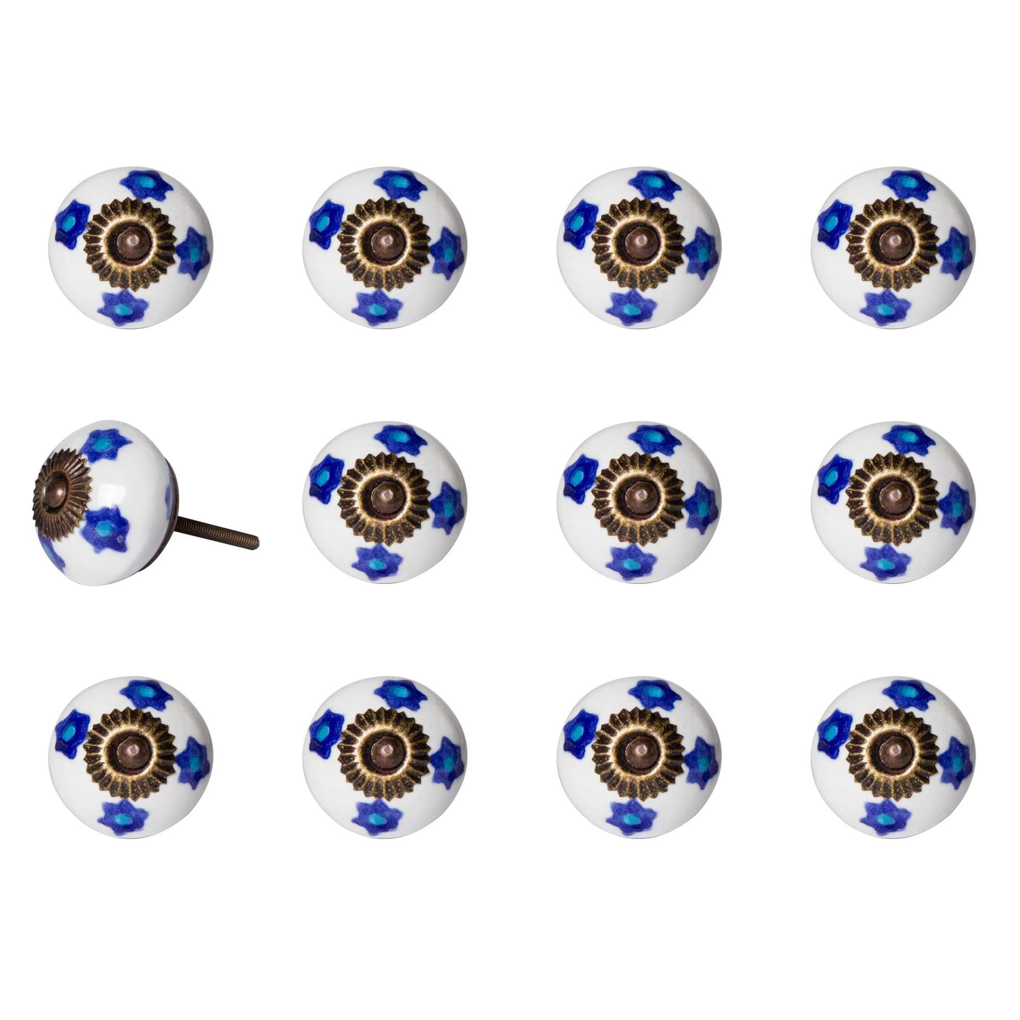 A set of 12 hand-painted ceramic knobs in white, blue, and turquoise, designed for furniture enhancement.