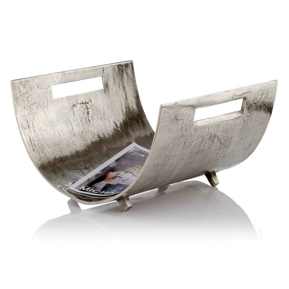 A stylish raw silver magazine basket with a modern design, perfect for organizing magazines and enhancing home decor.