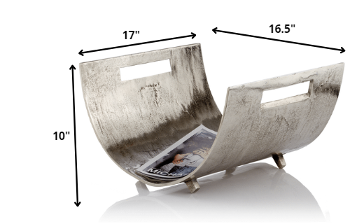 A stylish raw silver magazine basket with a modern design, perfect for organizing magazines and enhancing home decor.