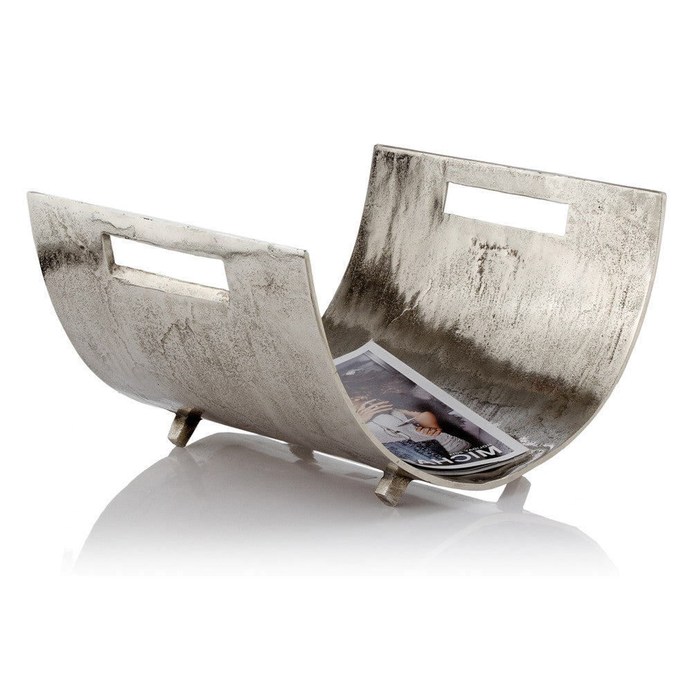 A stylish raw silver magazine basket with a modern design, perfect for organizing magazines and enhancing home decor.