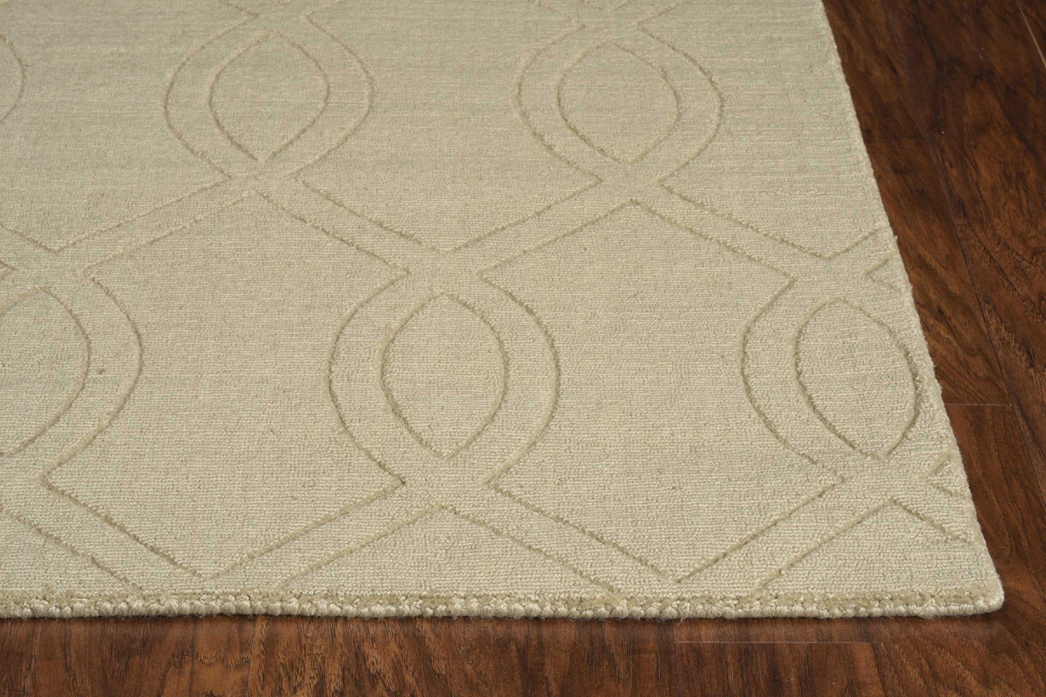 A 17" x 90" beige polyester rug with elegant cut loop embossed patterns, showcasing its soft texture and sophisticated design.